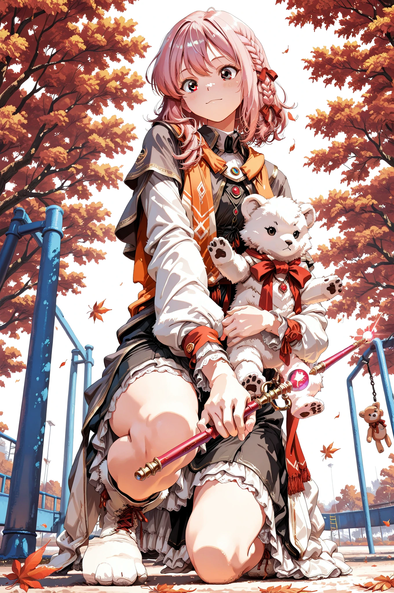 Highest Quality, Unity 8K Wallpaper, masterpiece, Anime Illustration, real anime, rich contrast, Photo of a girl with one teddy bear, Fiery Autumn Leaves, in playground.
A girl : very beautiful face, <Iroha>, pink hair, braided hair, side braid, finely detailed face, jump, Detailed drawing of hands and feet, a teddy bear on her shoulder , Wizard's Clothes , Brandishing a wizard's wand.
A teddy bear : White fluffy fur, black eyes , Red ribbon around neck. 
from below, The magic circle on the ground glows pale blue.