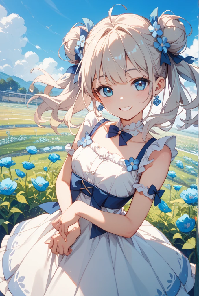 masterpiece, A girl standing with a bright smile, Ultra high definition, Holding a bottle of magic paint. Surrounded by magical and colorful surroundings, With colorful flowers, Vivid trees々Or a rainbow-filled sky. 8k resolution