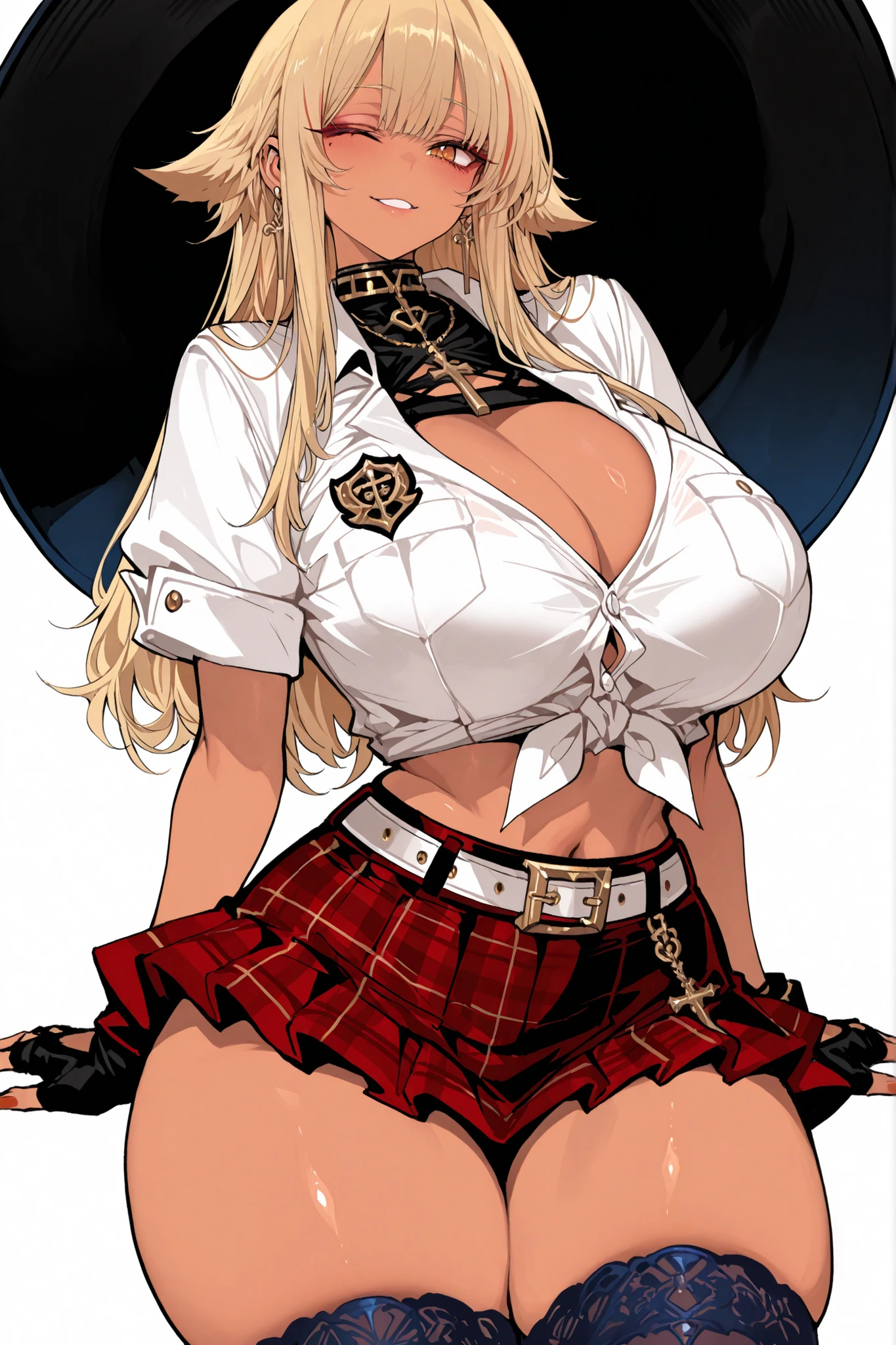 High-resolution, ultra-fine, highly detailed depiction of a tall, curvy young woman with a slim waist, wide hips, thick thighs, and large bust. She has shoulder-length blonde hair with two small tufts sticking up at the top, and bangs framing her face. Tan skin tone with a confident smirk. Large amber eyes with a playful expression, one eye winking. She wears a white cropped button-up shirt tied at the front with short sleeves, form-fitting and exposing significant cleavage and midriff. Red and white plaid mini skirt with a white belt featuring gold buckle details. Black fingerless gloves. Navy blue knee-high socks. Brown shoes. The art style features clean anime linework with soft cel-shading against a white background, creating a casual, trendy aesthetic, inspired by illustration styles from dishwasher1910, Siu, fishine, jipa42760710, and anip41nt.
(young woman:2.5), (adult:2.5), (tall, 1girl, solo, curvy figure, slim waist, wide hips, thick thighs, large bust, voluptuous)