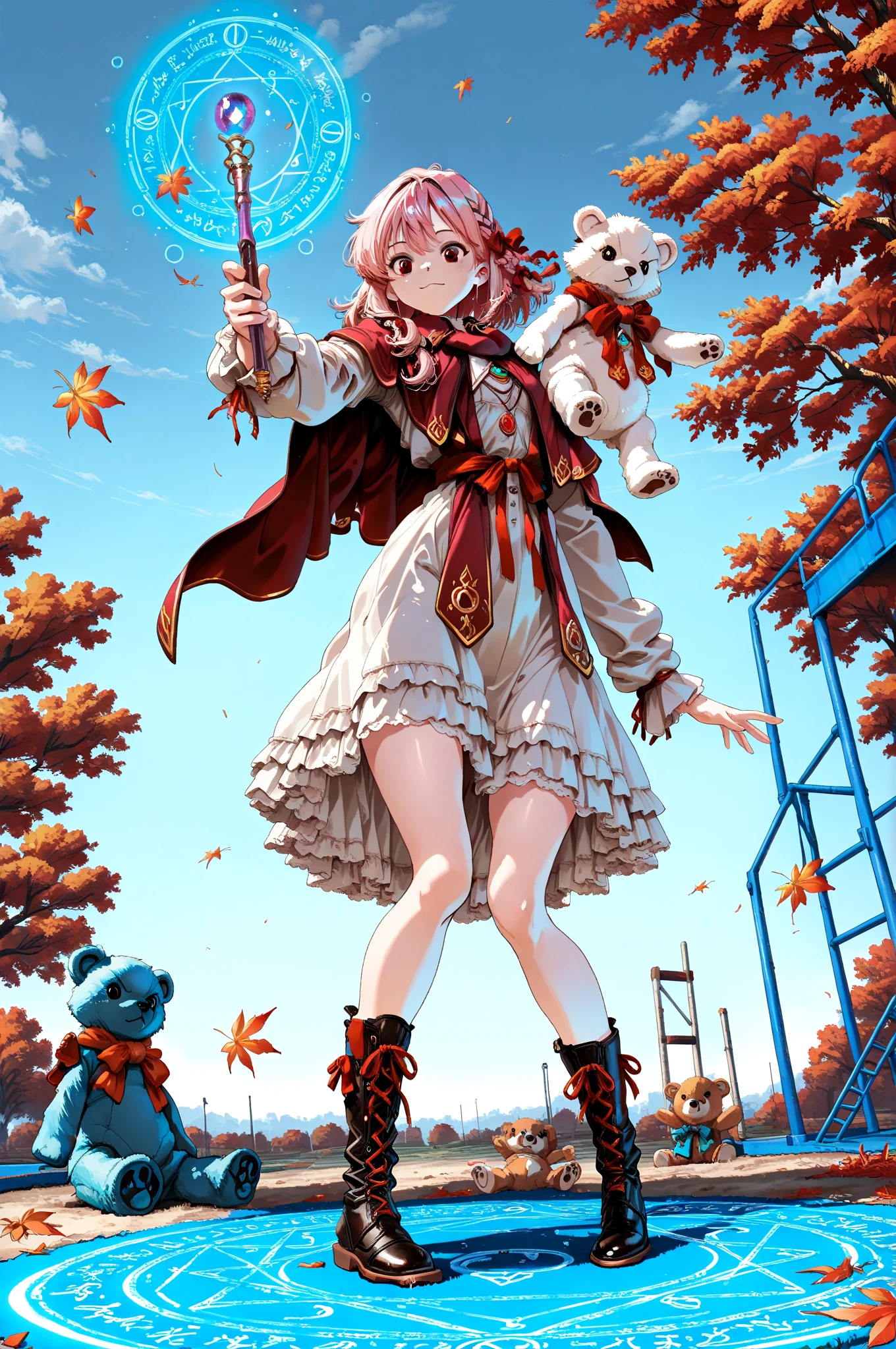 Highest Quality, Unity 8K Wallpaper, masterpiece, Anime Illustration, real anime, rich contrast, Photo of a girl with one teddy bear, Fiery Autumn Leaves, in playground.
A girl : very beautiful face, <Iroha>, pink hair, braided hair, side braid, finely detailed face, jump, Detailed drawing of hands and feet, a teddy bear on her shoulder , Wizard's Clothes , Brandishing a wizard's wand.
A teddy bear : White fluffy fur, black eyes , Red ribbon around neck. 
from below, The magic circle on the ground glows pale blue.