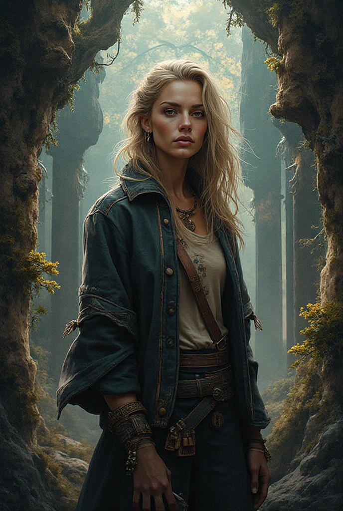 oil painting, woman, 25 years old, blonde, shoulder length hair, dark gray history silk button-down shirt like dress, leather belt, watercolor background of a gloomy forest, black fog, dynamic pose, roaring magic around, fire on the ground, lightning in the sky, portrait, looking straight into the camera, large strokes, high quality details