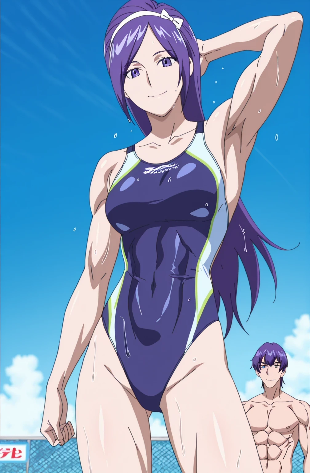 傑作、Best quality、Best resolution、Best image quality、amazing quality、 very aesthetic、 absurdres、anime coloring、anime screencap、anime screenshot、1boy、aono miki is a boy、long purple haired boy、hair bands、white bands、purple eyed boy、straight hair、solo、only one boy、anime boy is wearing a dark navy blue swimsuit、anime boy is wearing a competition swimsuit、high leg cut racing swimsuit、outfit:high leg cut swimsuit、wet swimsuit、high leg cut racing swimsuit、dark navy blue competition swimsuit、(manly:1.55)、cool sexy、full body:: Sunny weather::、cool smile、Wear a competition swimsuit、high leg cut、commission of a best resolution、sexy atmosphere、cool atmosphere、dark navy blue high leg cut racing swimsuit、collarbone、trapezius、biceps、biceps short head、biceps long head、triceps、triceps medial head、triceps lateral head、triceps long head、anterior deltoids、middle deltoids、posterior deltoids、brachioradialis、thigh muscles、semitendinosus muscles、hamstrings、adductor magnus muscles、covered pectoralis major、covered chest、covered midriff、covered abs、covered stomach、covered navel、bare shoulders、bare arms、bare crotch、bare thighs、bare legs、boy is wearing a Swimming Suits for Competitions、in a female competition swimsuit、Swimming Suits for Competitions、dark navy blue competition swimsuit、racing back、looking at viewer、cowboy shot、(male body:1.55)、(male face:1.55)、bulge underneath outfit、