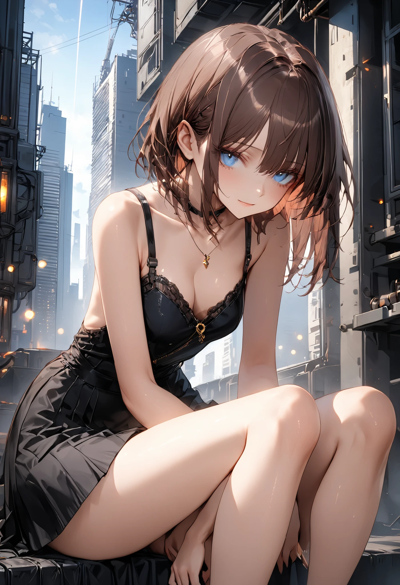 skyscrapersからGirl watching 、skyscrapers、The factory in front of you、Factory night view、一面のFactory night view、pipe、It looks like a jewel、Illuminations by llena de va、Girl watching 、meteor、空から降り注ぐmeteor、無数のmeteor群、masterpiece,(masterpiece),fuill body ,best quality ,(Highest Quality), cinematiclighting ,(cinematic lighting)、beautiful detailed eyes ,eye detail connected to an electric wire,uitra-detailed,(Super Detailed),highresolution, (high definition),8k,8K resolution,official art,(official illustration style),brown hair,shortcuts,unkempt hair,Short braided hair,Neat,slender beauty,correct attitude,small breasted,beautiful legs,The enchanting gray-blue eyes are shining like stars,Saggy Eyes,bright color,beautiful eyes,A delicate smile,Textured Skin,BEST QUALITY THE BEST,gentle and beautiful woman,anime style、