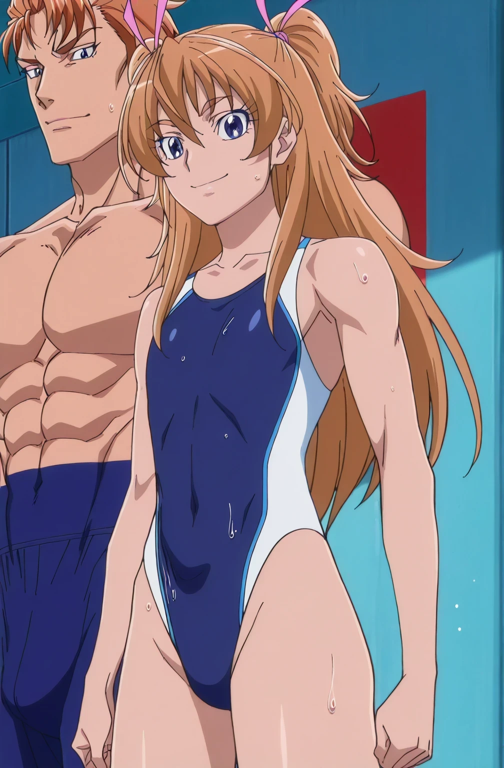 傑作、Best quality、Best resolution、Best image quality、amazing quality、 very aesthetic、 absurdres、anime coloring、anime screencap、anime screenshot、1boy、houjou hibiki is a boy、long orange haired boy、hair ribbon、pink ribbon、blue eyed boy、long brown haired boy、two side up hair、solo、only one boy、anime boy is wearing a white and cobalt blue swimsuit、anime boy is wearing a competition swimsuit、high leg cut racing swimsuit、outfit:high leg cut swimsuit、wet swimsuit、high leg cut racing swimsuit、white and cobalt blue competition swimsuit、(manly:1.55)、energetic sexy、full body:: Sunny weather::、energetic smile、Wear a competition swimsuit、high leg cut、commission of a best resolution、sexy atmosphere、energetic atmosphere、white and cobalt blue high leg cut racing swimsuit、collarbone、trapezius、biceps、biceps short head、biceps long head、triceps、triceps medial head、triceps lateral head、triceps long head、anterior deltoids、middle deltoids、posterior deltoids、brachioradialis、thigh muscles、semitendinosus muscles、hamstrings、adductor magnus muscles、covered pectoralis major、flat chest、covered chest、covered midriff、covered abs、covered stomach、covered navel、bare shoulders、bare arms、bare crotch、bare thighs、bare legs、boy is wearing a Swimming Suits for Competitions、in a female competition swimsuit、Swimming Suits for Competitions、white and cobalt blue competition swimsuit、racing back、looking at viewer、cowboy shot、(male body:1.55)、(male face:1.55)、bulge underneath outfit、indoor、rocker room、