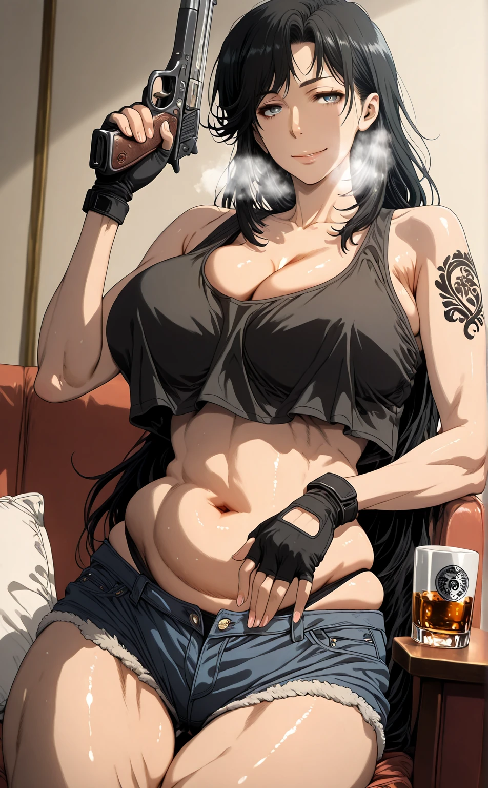 L_Cation2, kmemnarkn,, Hgk, (jeneral-style:1.2), (j.k.-style:1.2), (gin_moku-style:1.3), (toi8-style:1.4), (anime coloring, anime screencap), shiny skin, (voluptuous body:1.4), (mature female:1.4), (cellulite:1.3), ((anatomical correct)), ((newest, high quality, perfect composition, eye-catching, UHD, cinematic, masterpiece)), perfect body, perfect eyes, perfect fingers, gasping, heavy breathing, gasping profusely, (()), ((curvy, thigh gap)), hiratsuka shizuka, long hair, black hair, grey eyes, bright pupils, plump, 1girl, weapon, gun, , gloves, solo, holding_weapon, handgun, shorts, holding, denim_shorts, holding_gun, denim, , navel, fingerless_gloves, panties, sitting, crop_top, looking_at_viewer, cleavage, smile, beretta_92, muscular_female, thighs, black_gloves, black_panties, alcohol, midriff, tank_top, short_shorts, cup, tattoo, ((overhang)), bare_shoulders
