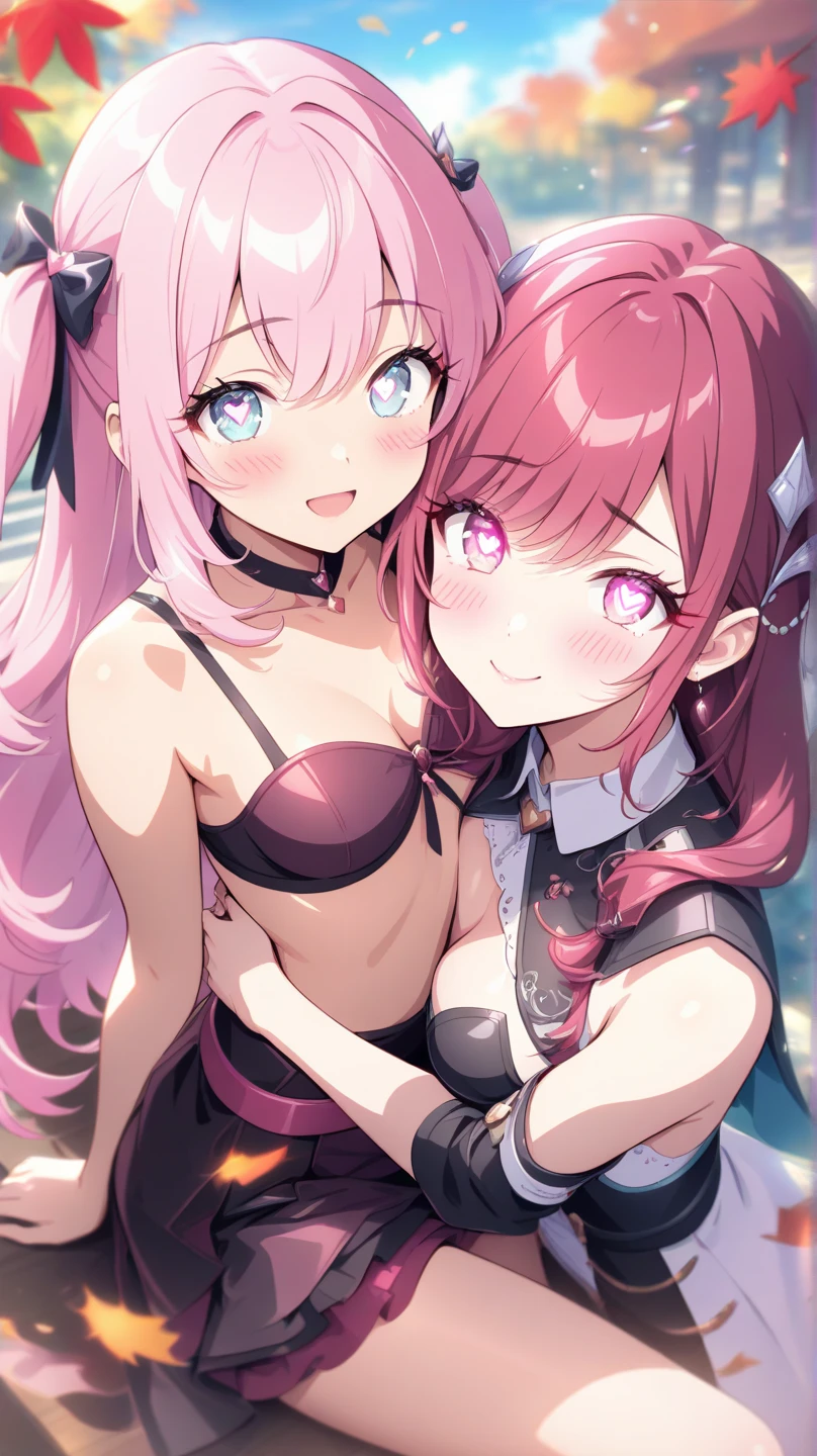 Girls with pink hair, long double-tailed hairstyle, ((small pink bushy eyebrows)), wearing lolita clothing, shorts, marked , lolicon (Zankuro) drawing style by zankuro artist, Zancro style, image uploaded to R34, flirty smile, take a selfie from below, close-up, (( showing  )) in restaurant ((grabbing  each other))