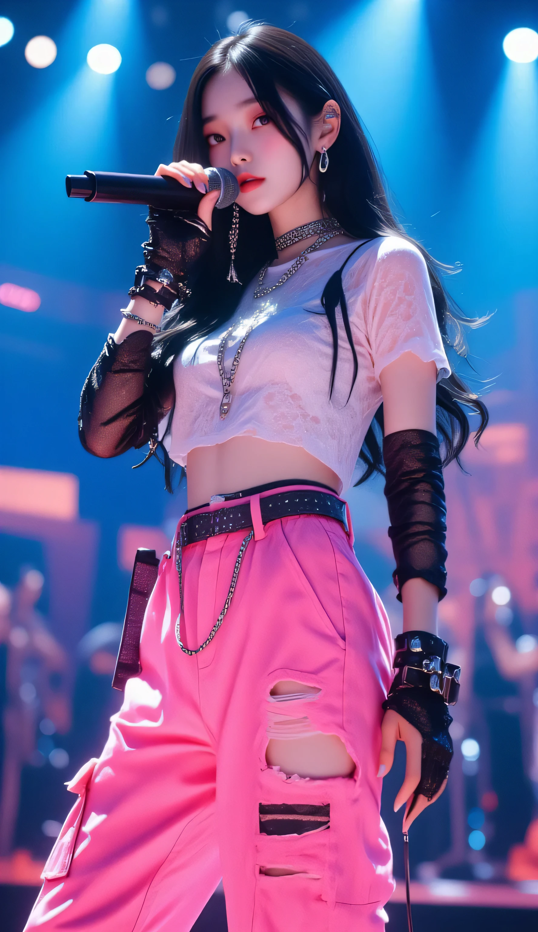 Masterpiece, Top quality, extremely detailed, Jiyeon_oc:1.2, photorealistic, 8k, cinematic lights,
Dynamic angle shot of a dynamic Korean female hip-hop artist, 예명 'Jiyeon', Live Performance on the Music Broadcast Stage.
She's holding a microphone, singing a hip-hop song. Charismatic energy and a confident sassy expression.
Full body shot, capture a dynamic performance posture under dramatic spotlights and neon lights. hip-hop free pose, Lighted by the face.
**appearance:** black wave long hair. Wobbly Hair. Long black hair wave long hairstyle. sharp, heavy makeup (smoky eyes, Matte Lip). Healthy body , flexible body,
**outfit:** Ripped vintage hot pink loose-fit cargo pants, Torn thin white hip-hop lace crop top. wearing thin lace fingerless black leather gloves on their hands and, Multiple Hair Straps on the Wrist. Silver Metallic Jewelry (LAYERED NECKLACE, Multiple Earrings, Clumpy Ring). vintage ugly sneakers. The silver metal decoration, a thin chain decoration on the waist, Metal ornaments shine. natural gaze treatment.
** style & atmosphere:** Trends , style리쉬, Simple Hip-hop Fashion. K-pop Idol Rapper, Girl charm , Charismatic, Strong Stage Presence. 배경에 희미하게 군중이 흐릿하게 보이는 역동적인 atmosphere.
professional, High Fashion Pictorial Quality, realism. Close up shot , close-up,