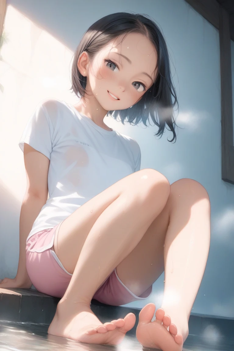 a beauty girl、Erotic、the face is round、bbw、cute little、(((embarrassed from)))thighs thighs thighs thighs、((full of sweat))、Staring at this、full body Esbian、A smile、open the legs widely、crouching down、Raking up your hair、(open the legs widely)、short-cut、Hot