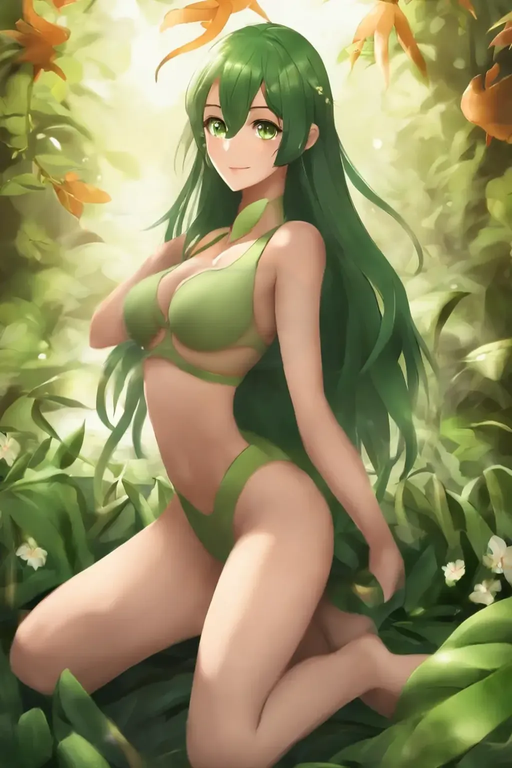 1 Female、Reincarnated female cantaloupe melon form、cantaloupe-melon-inspired swimsuit、Perfectly round-shaped cantaloupe-melon bikini、(cantaloupe-melon mesh pattern:1.2)、white mesh pattern rind, Photorealistic cantaloupe-melon peel texture、Bright green and light green、tie side with melon vine,  perfect proportion, complete slim curve, playful smile, half opened mouth, black long hair, goddes posture, kneeling down on one hand, rising up the other hand, 