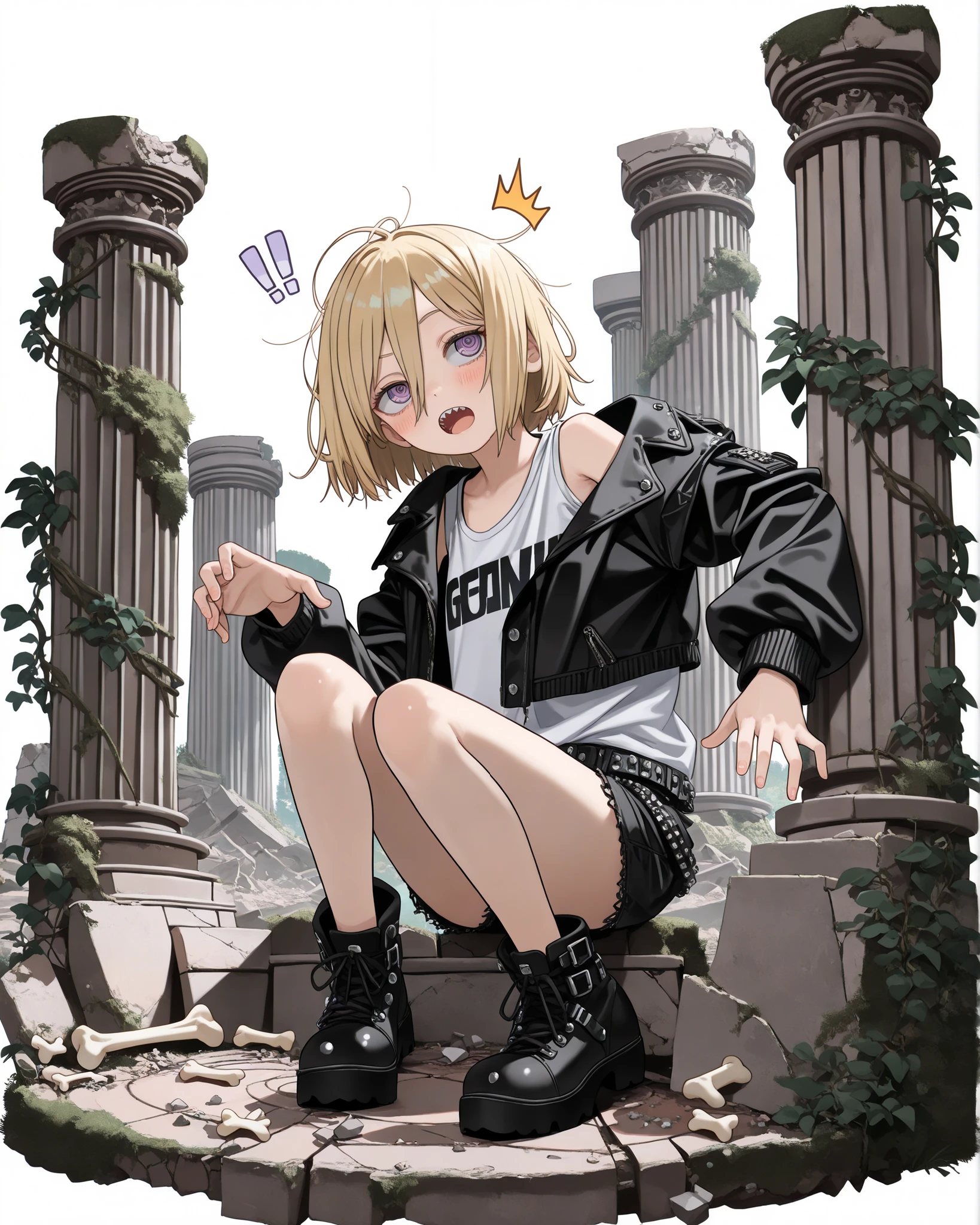 FujimotoMangaStyle,((Tatsuki Fujimoto style)), ((Masterpiece)), ((best quality, amazing quality)), ((very aesthetic, absurdres, newest, detailed background)), (faux figurine:1.5), ((Transparent background, Mini background)), (Asymmetrical background), (cinematic lighting), ((1girl)), Cute young Girl, (Healthy Gaunt body, Textured skin, small breast, tilt head), ((ringed eyes, pale purple eyes, gradient eyes, averting eyes, looking at side)), (hair between eyes, long bangs, long side bangs), messy hair, short hair, blonde hair, bob cut, ((!!, ^^^)), blush, (surprised face, open mouth, Serrated teeth), sharp teeth, face with raised eyebrow,  BREAK, ((loose cropped jacket, Punk-style jacket, cropped jacket overhang, inner sleeveless shirt)), (cute short pants, Punk-style shorts, beautiful thigh), ((incoming bone, bone in hand)), hunched over, (loose sitting on the ruins temple, exploring ancient ruins, mysterious overgrown temple), (cracked stone pillars, aged pillar, fallen pillar), ivy and moss covering the walls, soft sunlight filtering through broken pillar, detailed environment, cinematic perspective, sense of adventure, wind gently moving hair and clothes, aged wall, ((Idyllic atmosphere)), 