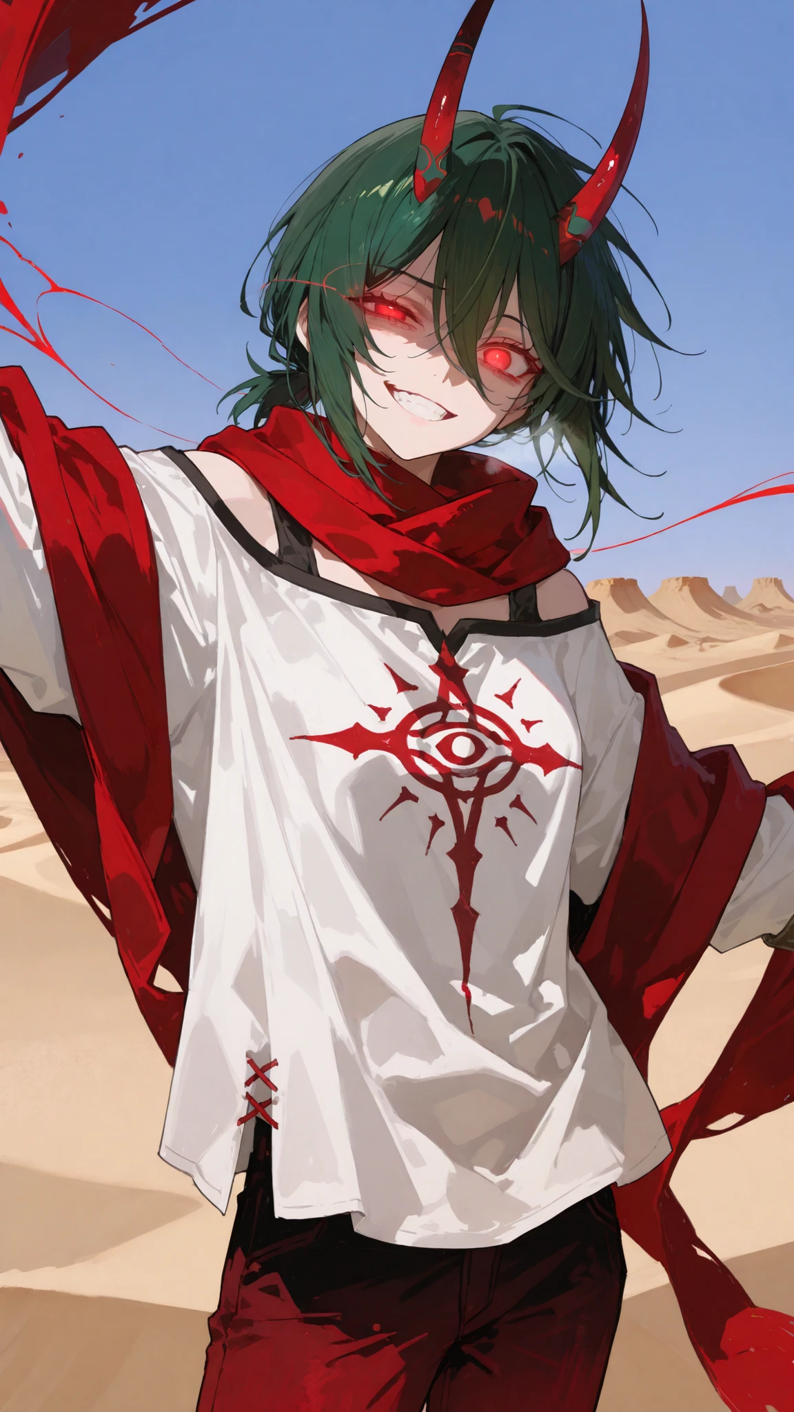 Father,Dark Green Hair,in red eyes,uneven eyes,,There is a red horn,uneven,crazy,Long Sleeve Shirt,white shirt,Black off-the-shoulder coat,Shawl,Trousers,Thick eyelet edge,short hair,long ponytail, T-pose,blue sky,Desert storm ,Glowing eyes,eye trails,Big smile,Grit your teeth,Red Winter Scarf, close up,Father,High gluten,Horned like a long leaf,Cult shirt,The wind,