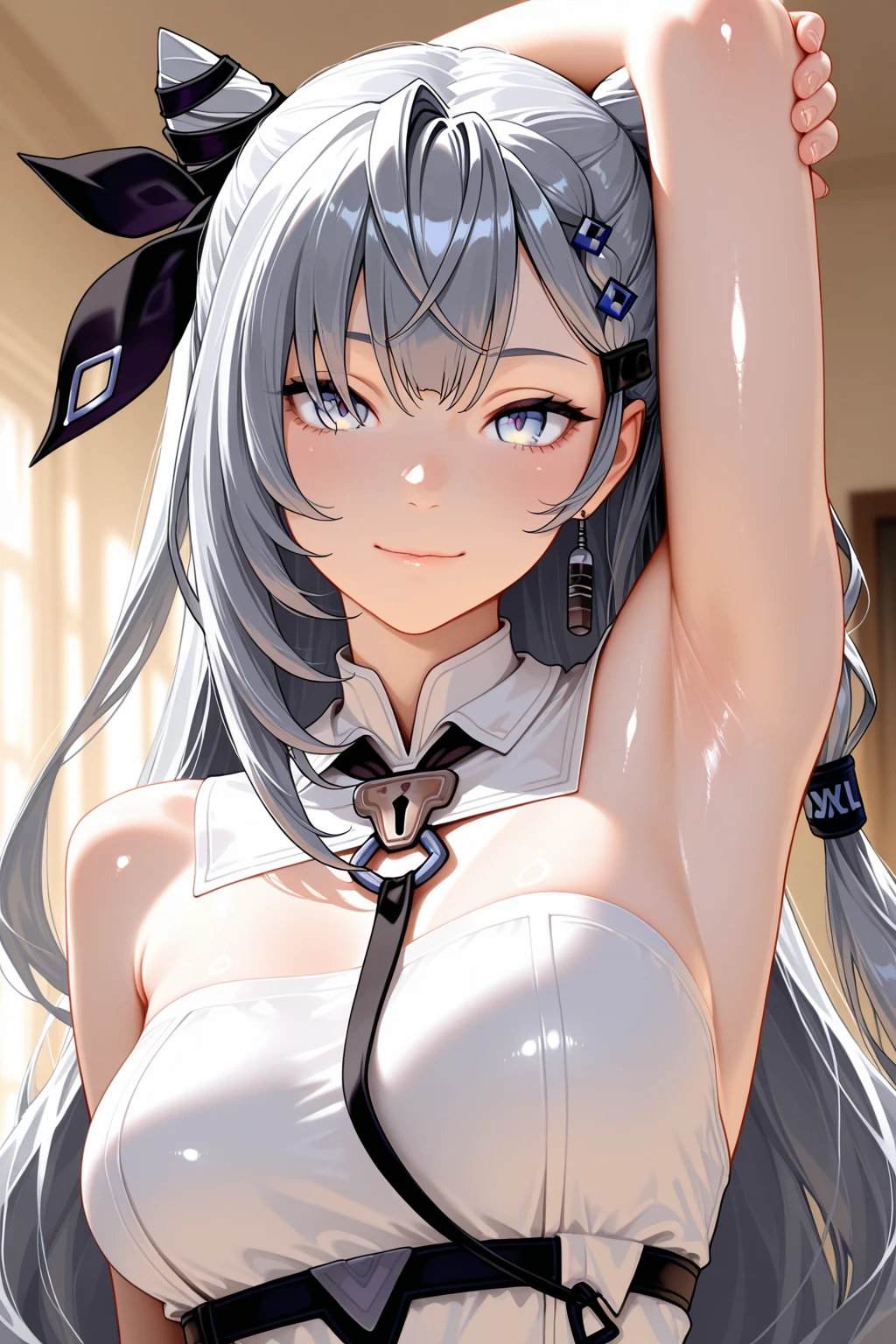 (((SFW、Precision、Highest quality、A first-class masterpiece、Normal body、8k、 Detailed Face 、Ultra-precision、 Normal hand、5refer to、Highest)))、" Spirit Fantasy"、Celia Claire、Celia Claire、 Silver Hair、 twin tails、 short、 slender、Sheer white dress 、 white 、 high leg white leotard、 gentle shy blush smile、 Embarrassing Pose 、 Poses That Make the Highlights Go Away、Chain lead slave collar、Chain Handcuffs 、Chain-、Chain 、 raise your hands and 、Double Hand Chain Lifting 、Ryogi Full Leg、 Double Leg Chain Lifting 、 hanging、The Fall of Slaves、 Pleasure Fall 、 hypnotic state 、Hypnotic、 Hollow Eyes、Mysterious purple eyes、Heart Eyes、 Shimoneta、Obedience、Open your mouth and serve 、Slave Room、 Chain、Estrus、Lust、excited、 、A face full of pleasure、 aheface
