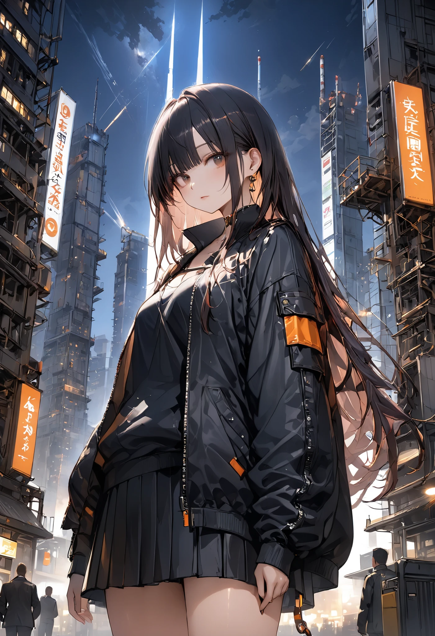 (((skyscrapersから夜景をGirl watching )))、skyscrapers、The factory in front of you、Factory night view、一面のFactory night view、pipe、It looks like a jewel、Illuminations by llena de va、Girl watching 、meteor、空から降り注ぐmeteor、無数のmeteor群、masterpiece、fuill body ,best quality、漆黒の闇夜に浮かび上がる無数のpipeやタンク、Steel-framed structures、A complex that is supposed to be heavy and rugged,it looks like a huge fortress in a futuristic city、Occasional green security light light