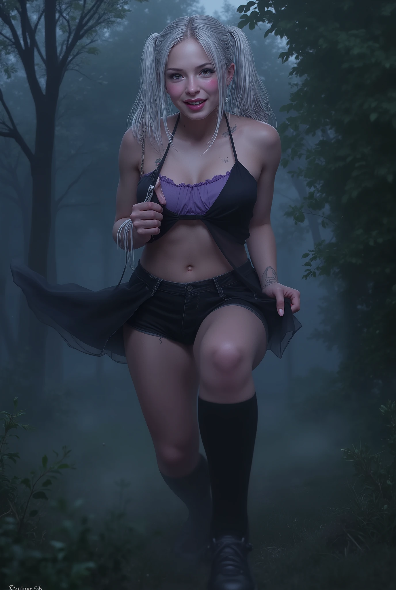 1girl, solo, misty \(photorealistic\), open long hair, silver hair, very white skin, black tank top, forest, tree, sky, night time, facing front, from behind, mini skirt around thighs, (Black panties :1.0), looking at viewer, open mouth, surprised, grin, sweat, steam, tits falling out top (undressing:4.0), leaning forward, curvy, chubby, white skin, pale skin, from below, tights, black sneakers, tattoos, 1girl, solo, misty \(photorealistic\), open long silver hair, violet pulled up tank top, forest, tree, sky, facing front, from front, denim shorts around thighs, (Black panties:2.5), looking at viewer, open mouth, surprised, grin, sweat, steam, (undressing:1.0), leaning forward, curvy, chubby, from below, 1girl, solo, white skin, (from below:2.0), dutch angle, standing, (looming over the viewer), (close-up groin shot), silver hair, twin tails, deep red-purple eyes, seductive smile, lustful eyes, blushing face, embarrassed yet teasing expression, hands on panties edge, (panties lift up with both hands), black thighhighs, ribbon thighhighs, skirt that flutters in the wind, skirt squeeze thighs, panties barely visible but mostly hidden, miniskirt, ((spread legs)), (one knee up), plump and soft thighs, emphasized groin lines, alluring legs, alluring groin, narrow waist, perfect ass shape, perky ass, panties stretched tight between ass, ass crack shadow detail, plump hips emphasized, dramatic foreshortening emphasizing hips and thighs, off-shoulder black dress, delicate frills, soft ribbons, seductive atmosphere, detailed shading, beautiful eyes, highly detailed eyes, (realistic skin), (ultra detailed skin), soft skin texture, realistic skin shading, white skin, (detailed body), hyper detailed skin texture, micro skin details, glossy lips, blurry background, (masterpiece:1.2), best quality, (ultra-detailed), detailed_skin, detailed_hair, detailed_face, high contrast, (very aesthetic:1.2),