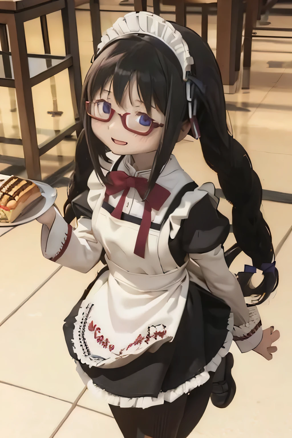 ( High Quality Wavy Lines, beautiful , masterpiece:1.2), ,{X} Perfect Face Pose , (( Homura Akemi's Hairstyle)), shut up, smile, intense , Black Haired Woman Magical Girl, Carrying coffee , ,, (((((cafeteria))))),, , open lips ((( Underarm Maid Outfit )))full body、 feet Glasses Carrying a sandwich on a tray