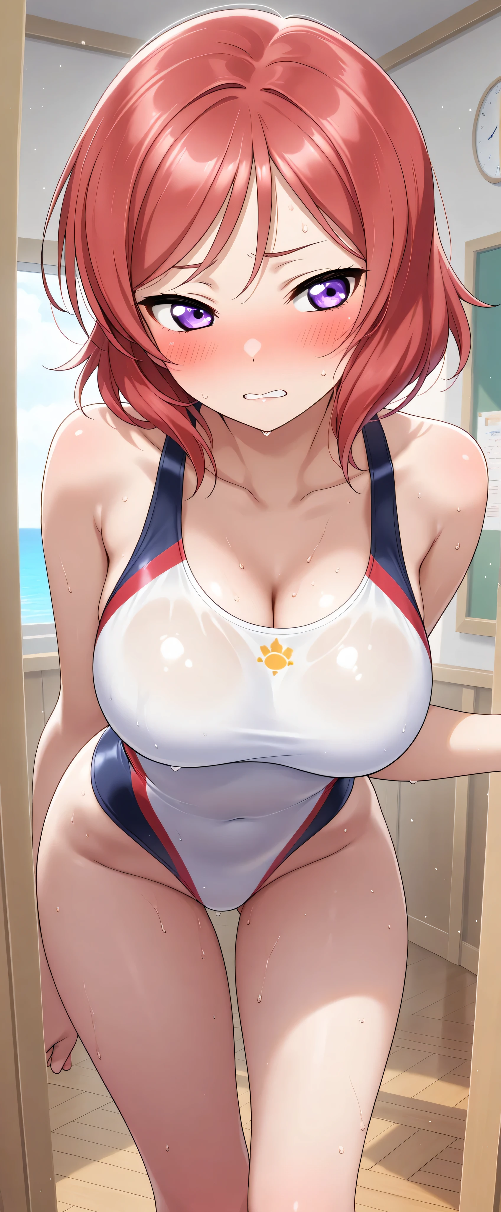 (((masterpiece)))、((Highest Quality))、(very detailed)、(CG illustration )、(very beautiful woman))、,blush,TV face,(((standing in teacher's house,left eye facing forward,left eye facing forward))),((sandy beach,Of the left eye)) cinematic lighting 、((1 woman))、(( competitive swimsuit), sweaty cowgirl {x} Of the left eye前を見ているsweaty cowgirl ,,,skinny,summer.sunshine, ((,)) ,,big ,(( ))Nishikino Maki