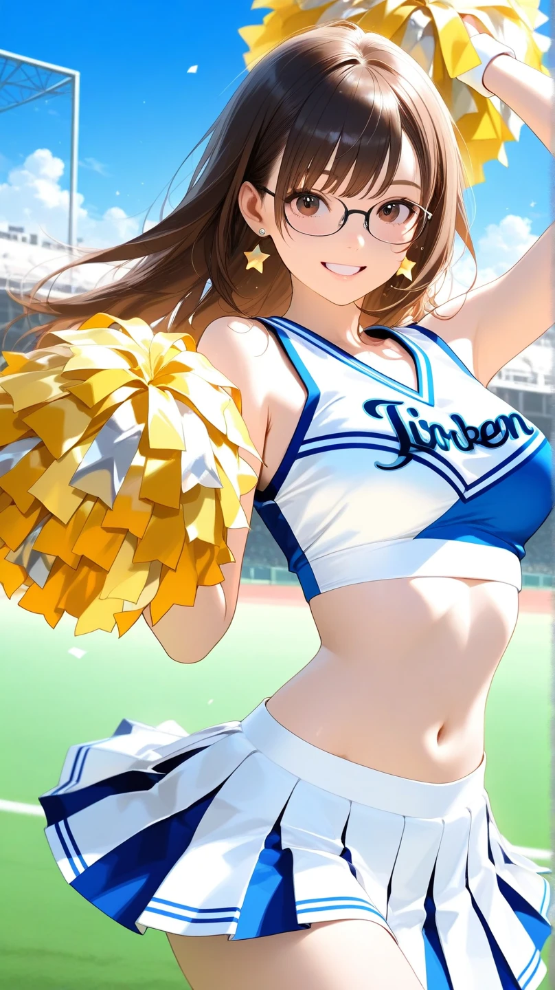High Definition Anime 8K Wallpaper), (Very Delicate and Beautiful), (Best Quality:1.0), (Ultra High Definition:1.0), (Very Delicate Hair), (Very Delicate and Detailed Eyes)Realistic Shadows, [High Definition], Detailed Skin, (Very Delicate Eyes), (Cheerleading), (Full Body), Large Breasts, Lower, (Sweaty), Sweaty Wet Clothes, (Yellow Clothes), , Navel Dashi Cheer, Playground, (Jump), (JUMP), jumping with bent legs, air, blue sky, meadow, smile