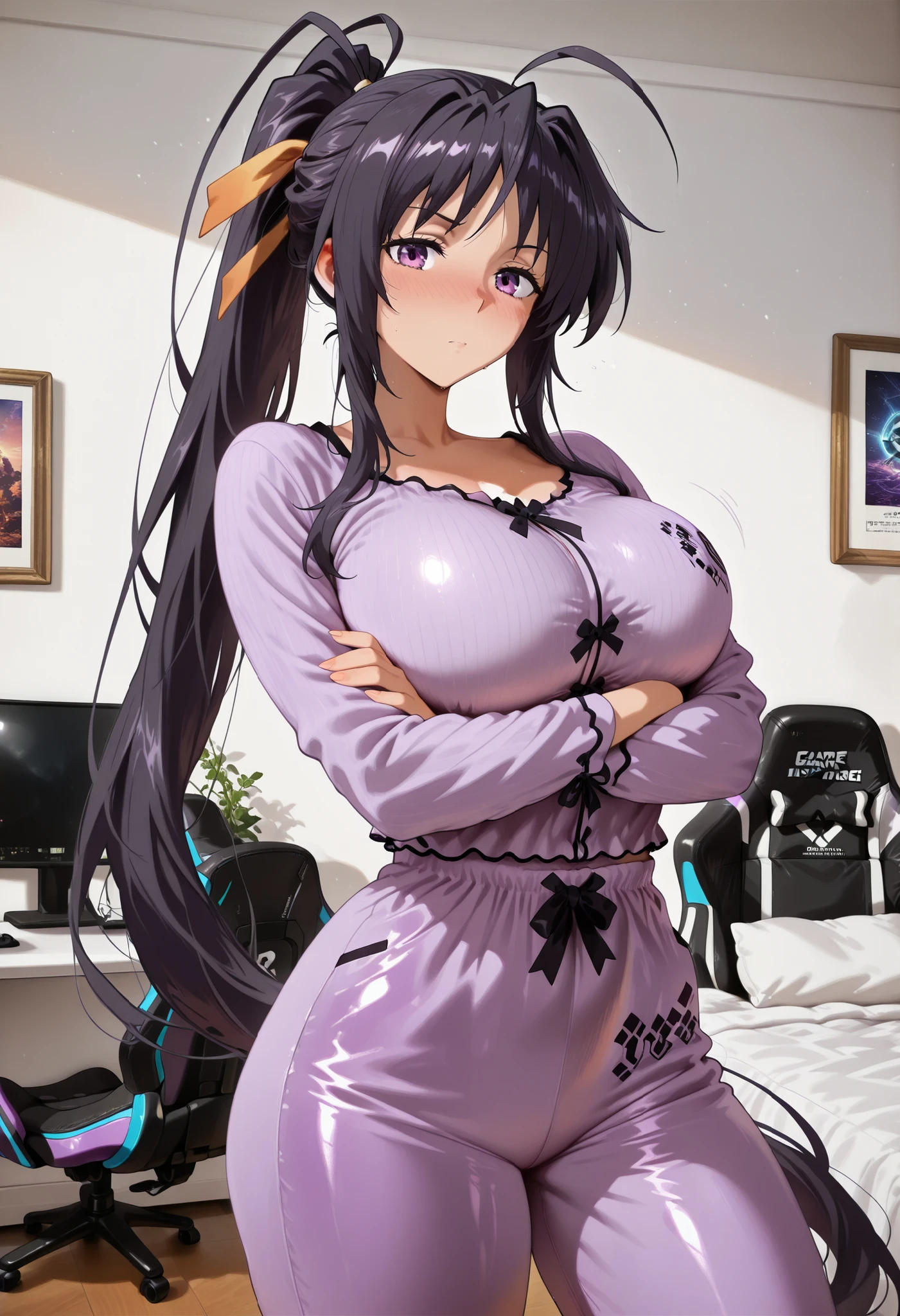 score_9, score_8_up, score_7_up, score_6_up, score_5_up, score_4_up, masterpiece, high quality, shiny skin, shiny hair, shiny body, clear body, large breasts, nose blush, nice legs, standing, nice legs, posing, SFW, looking at viewer, thick thigh, thick thighs, nice face, large breasts, solo, bedroom, posing, pose, contrapposto, detailed bedroom, bed, gaming chair, gaming pc, pants, pants, fully pants, ht_pajamas,laces, crossed arms, 1girl, akeno himejima, long hair, black hair, ribbon, very long hair, purple eyes, hair ribbon, ponytail, antenna hair,
