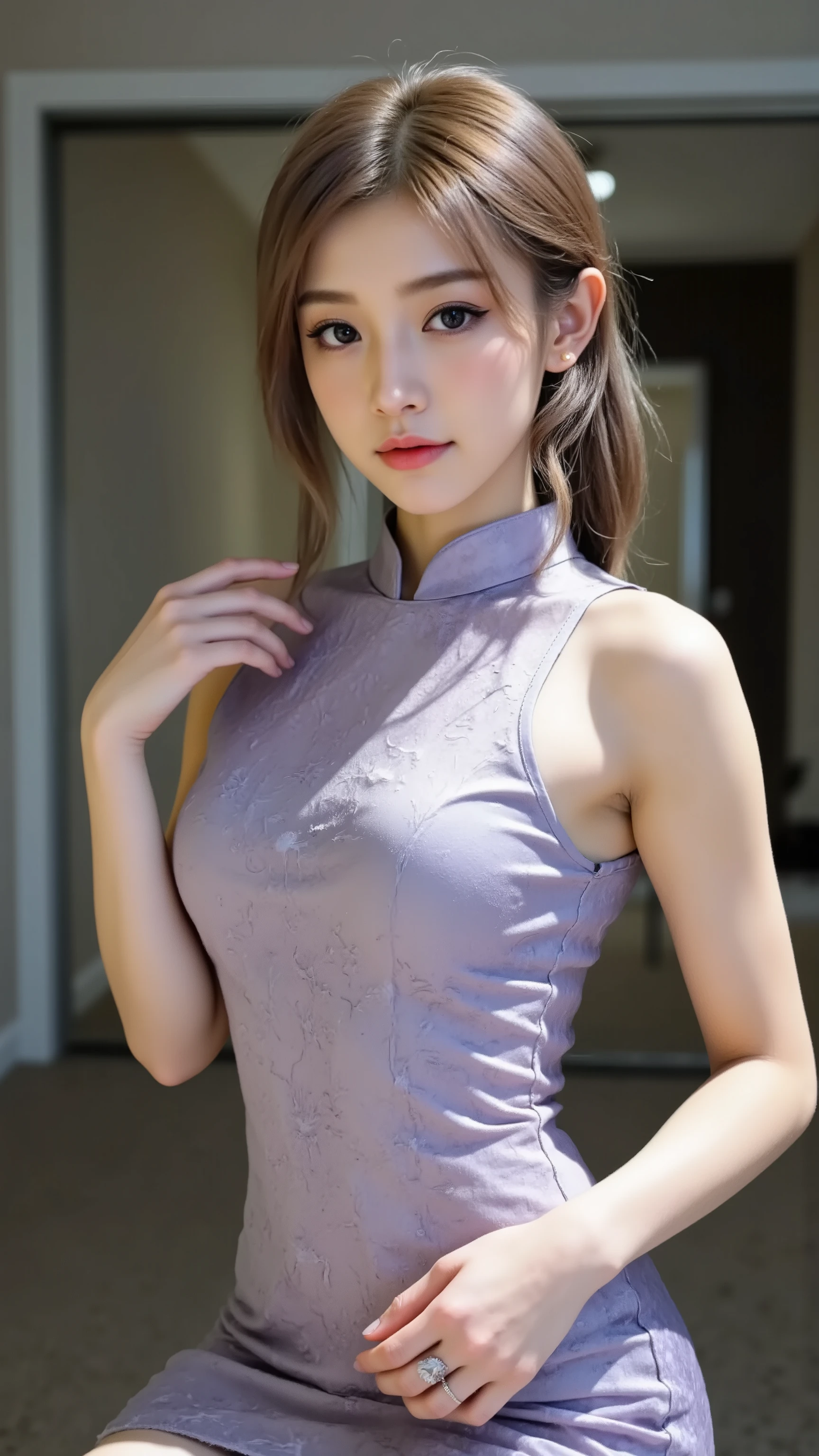Beautiful girl in a purple dress, beautiful Chinese model, ancient chinese clothing, cute and elegant pose, 青いchina dressを着て, beautiful Asian girl, Pretty girl in a nice dress, Beautiful Attractive Women, Attractive Poses, Realistic young glamour idol, CHUNGSAM , china dress, (((Babyface:1.5, Transcendental Young Model Face:1.3, beautiful small face))), Slender Body, thin waist, Beautiful legs, best image quality、Highest Quality、Greatest Masterpiece、realistic all over the t-shirt、Ultra High Definition