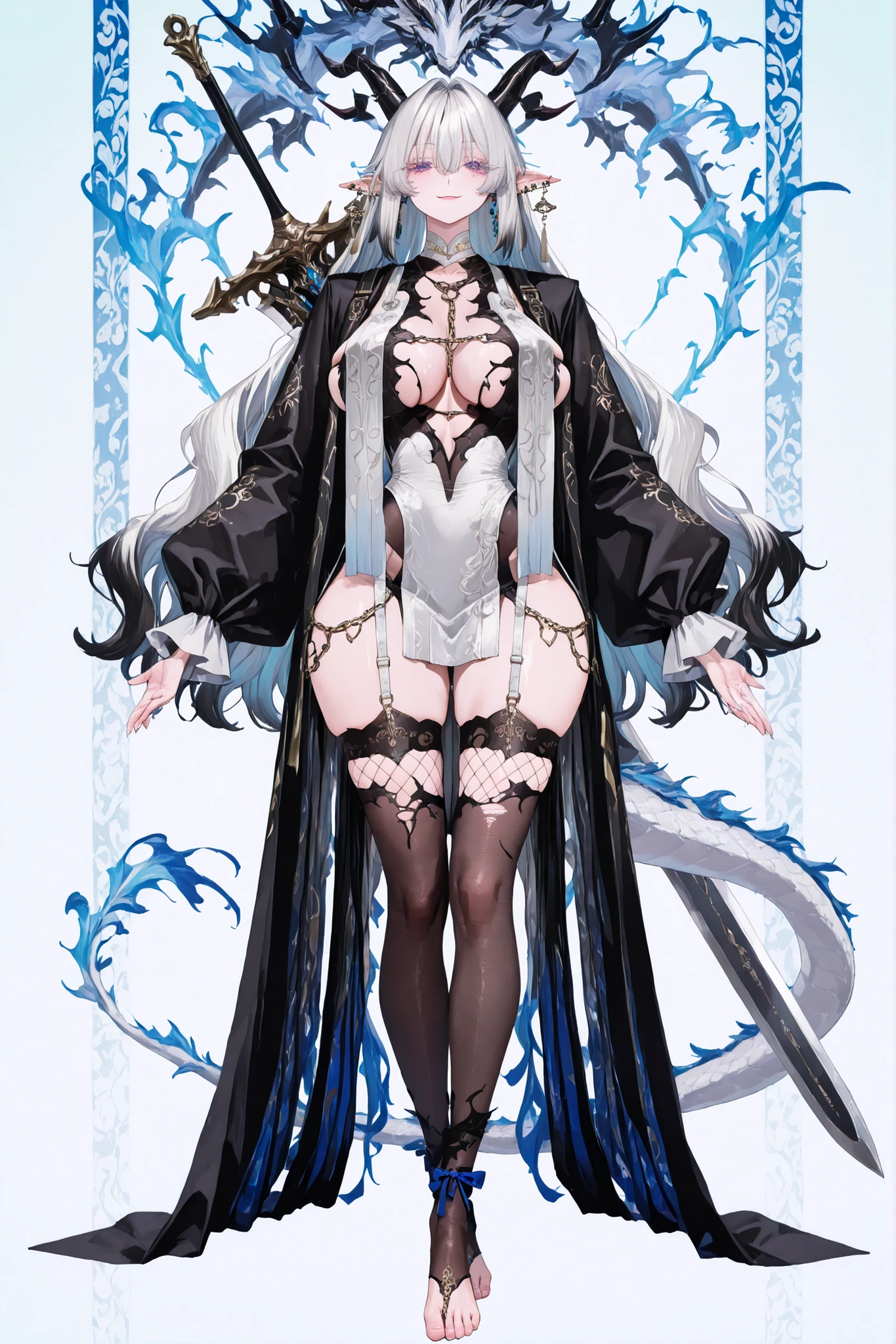   8k wallpaper、    top quality 、masterpiece,   748cm スThailandル   、sexy black bralette dress with fishnet top beneath,   woman 1 person、ribbon、piercings and earrings on her ears,  pointy elf ears, black ripped pelvic curtain dress、 cute black oversized coat with puffy sleaves with open sholders, chains and Accessories on clothes,  dark pantyhose and fishnet、 black knee socks 、rororogi mogera、 style strap 、 Thailand、  pantyhose、、black hair with gray tips and gold  lines、 albino eyelashes   、   long hair falling down her chest、  Underbob  、blue ribbon bow in the head、  Pretty blueish purple Eyes、  wide hips、Protruding thighs   、 pale pinky skin,   very big breasts 、close up,  Light blue background 、open chest area dress,   simple background、lazy smile、 high detail design, standing up、boob window, leaning down towards the camera, making a cute pose with her hands, fullbody, , huge sword on her back, punk style clothes, chest fishnet top, fishnet stocking, big cute , wings behind her ears, demon girl, five big octopus tails behind her, black horns, goat eyes, five octopus tails, big hair. heavenly divine dragon girl, white huge dragon horns with golden ends, big dragon tail, white hair, ver long hair, thick hair, very big breast, green-blue gradient dragon eyes, white dragon sexy revealing outfit with breast curtains, white nylon stockings, white choker, sexy white cheongsam dress with gold details, taliman paper on her , fullbody, head to toe, black dragon scales on her thighs, bare feet, exposed toes