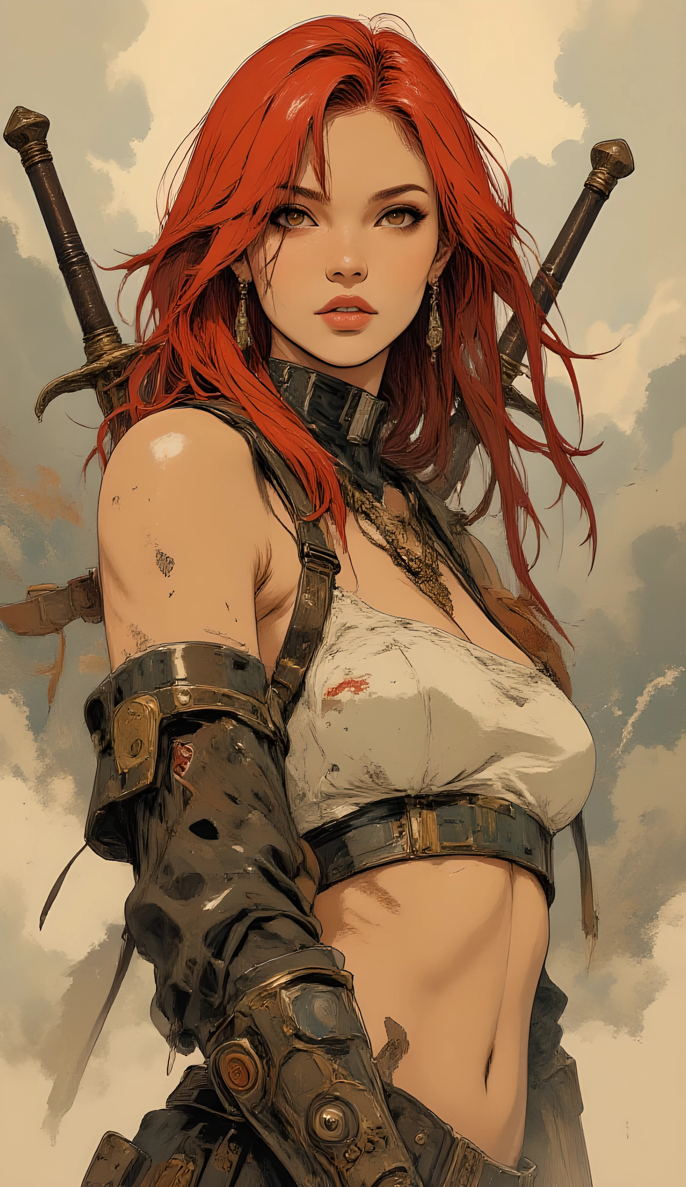score_9, score_8_up, score_7_up, A highly detailed artwork in the fantasy genre Luis Royo style using digital painting techniques. It features a full-body view of a woman with long, flowing red hair that cover her bust. She only wears a very short torn shirt on her breathtaking body. Her expression is intense, with a slight smile, and she holds two long, sharp swords behind her back, their hilts decorated with intricate carvings. In the background a subtle hints of mist or smoke, giving a mystical, ethereal feel. The textures are finely detailed, from the smoothness of her skin to the roughness of the swords and the softness of her hair. Light pastel colors, enhancing the mysterious and otherworldly atmosphere. The artwork combines elements of fantasy and gothic styles, with a focus on intricate details and a sense of depth and movement.
