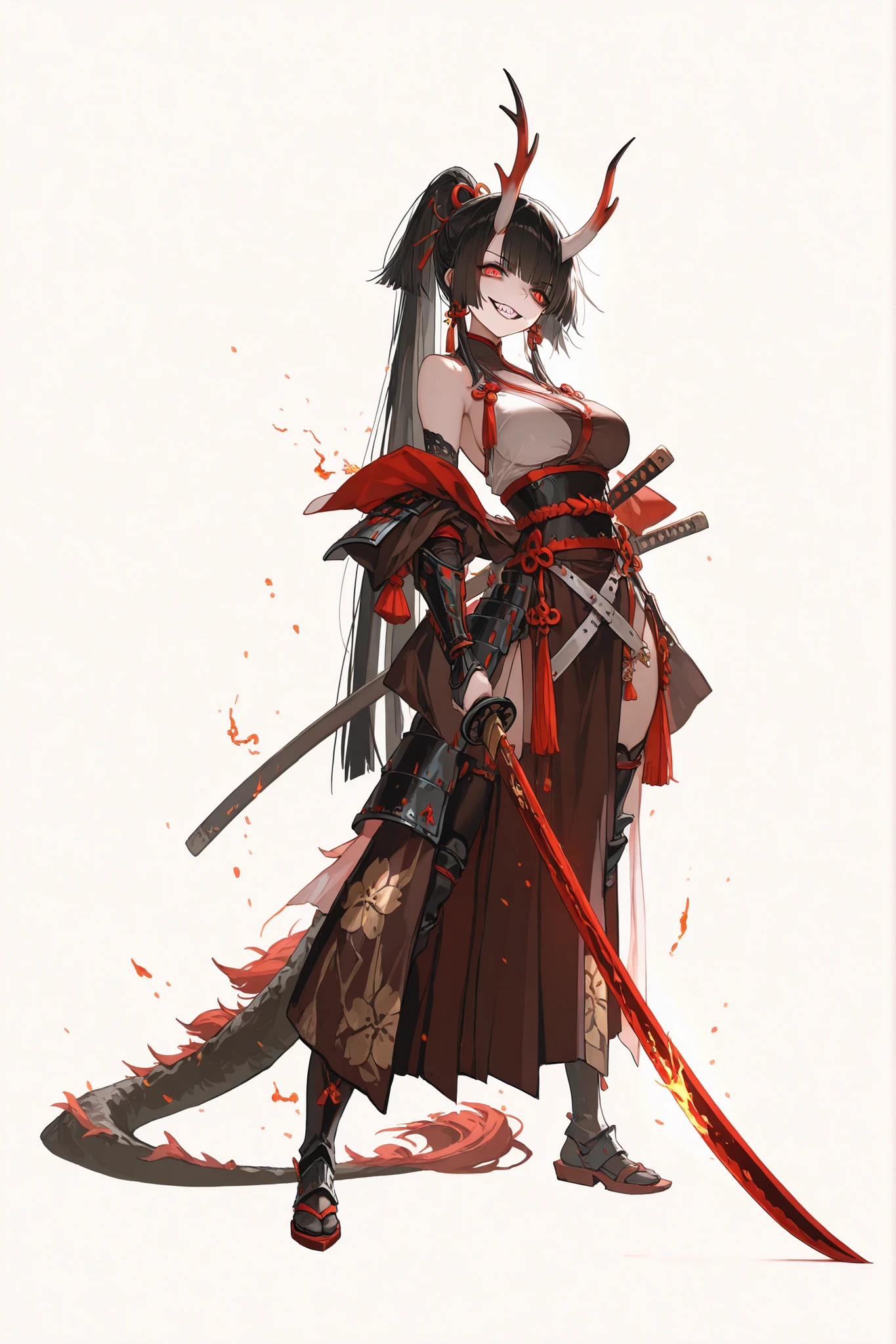 4k, masterpiece, детальное искусство onmyoji, onmyoji, highly detailed, flawless, bright colors, hips, anime character with a sword and armor, standing with a sword in his hand, from arknights , katana zero video game character, arknights , onmyoji detailed art, onmyoji, action anime girl, characters from azur lane, katanas are attached to her back, Female Anime Character, katana zero, long black hair in a ponytail, bright red eyes , half-dragon girl, beautiful and perfect face, crazy smile,