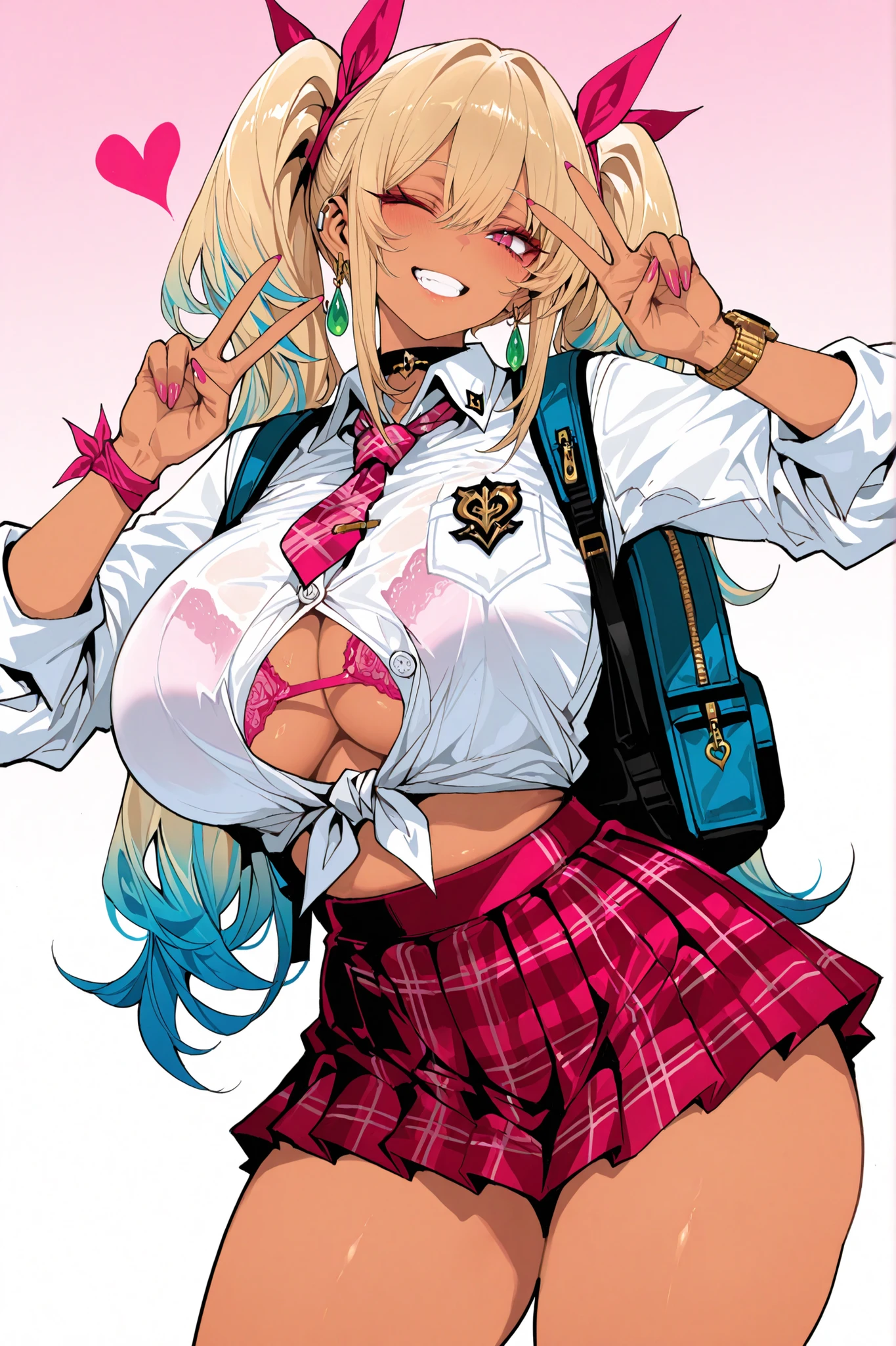 High-resolution, ultra-fine, highly detailed depiction of a tall, curvy young woman with a slim waist, wide hips, thick thighs, and large bust. She has long blonde hair styled in twin ponytails with pink ribbon bows and blue hair ties. Tan skin tone with a confident, playful grin showing teeth. Large pink eyes with a mischievous expression, one eye winking. Green teardrop earrings and a gold watch on her wrist. She wears a white collared button-up shirt tied at the midriff with rolled-up sleeves, form-fitting and stretched across her chest with a pink plaid necktie and visible pink bra underneath, exposing significant cleavage and underboob. Tan and teal plaid pleated mini skirt. Navy blue backpack on one shoulder. She makes peace signs with both hands. The art style features clean anime linework with soft cel-shading against a blue gradient background, creating a vibrant school-themed aesthetic, inspired by illustration styles from dishwasher1910, Siu, fishine, jipa42760710, and anip41nt.
(young woman:2.5), (adult:2.5), (tall, 1girl, solo, curvy figure, slim waist, wide hips, thick thighs, large bust, voluptuous)