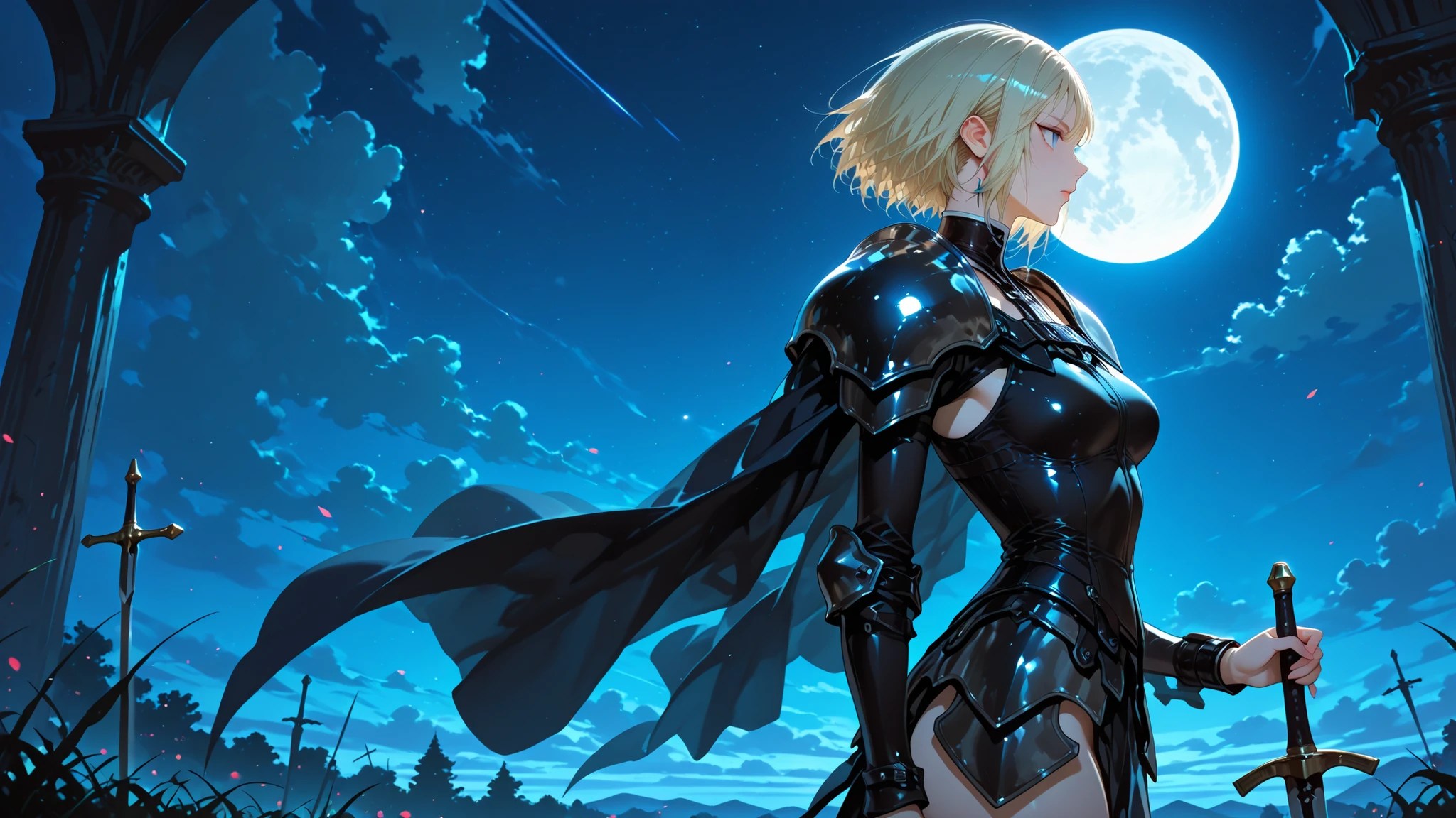 Clare, claymore, sword, night, hip, moon, side view