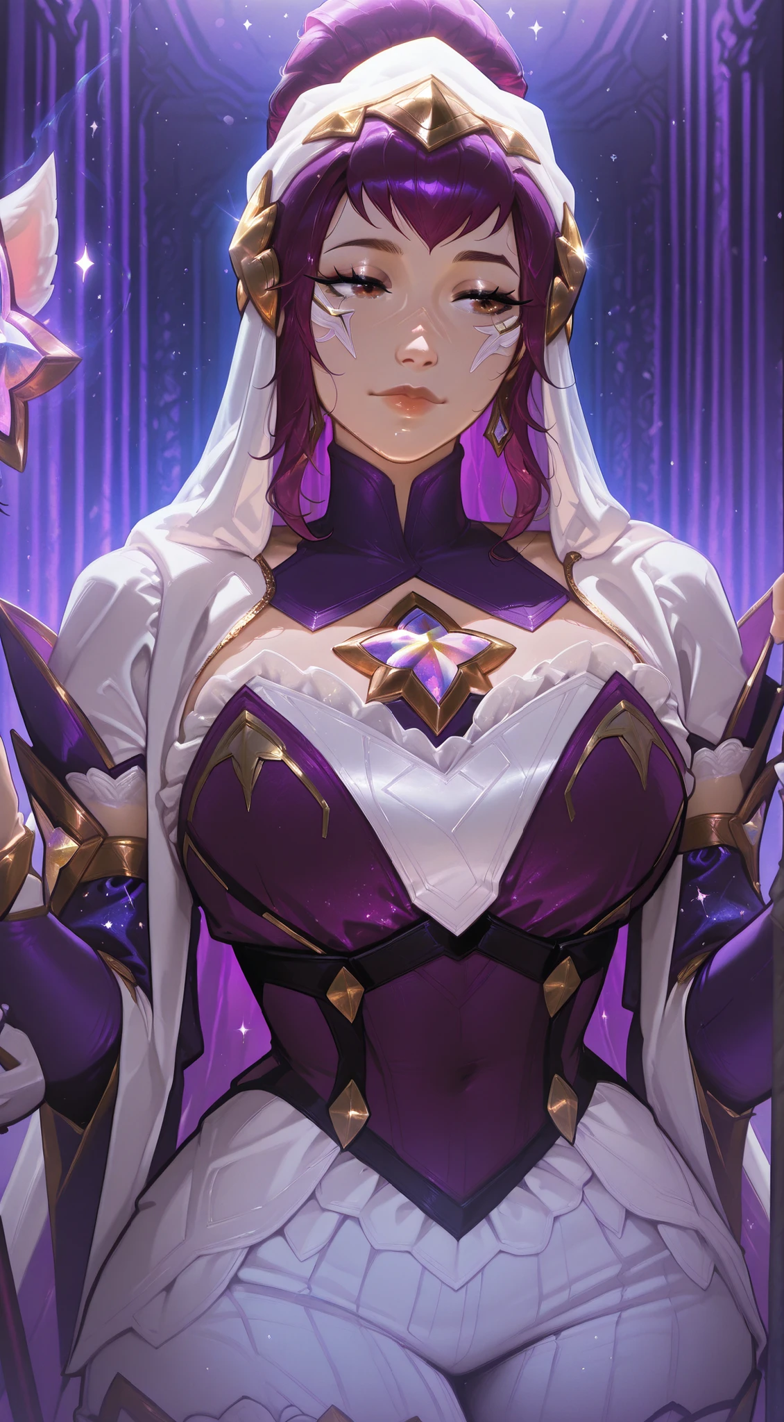 a close up of a woman in a costume with a wand, y 2 k cutecore clowncore, amouranth as a super villain, cosplay, ornate cosplay, glamourous cosplay, professional cosplay, amouranth, better known as amouranth, shalltear from overlord, vi from arcane, star guardian inspired, anime girl cosplay, A person is wearing an elaborate costume that appears to be inspired by a fantasy or sci-fi theme. The outfit features striking details, such as a large golden star with extended points over the chest area, complemented by purple stars. The costume primarily uses a deep metallic purple for the main fabric, enriched with sparkling gold embroidery around the bodice, and adorned with multiple gold buttons. The sleeves are long and match the main purple color, with sheer white puff accents that create a whimsical aura. Purple hair peeks out from underneath, enhancing the overall vibrant aesthetic, complemented by gold star-shaped hair accessories. There's a name and reference to Patreon visible in purple text on the fabric. The setting looks like a bedroom with structured, decorative paneling on the walls, contributing to the warm indoor atmosphere.