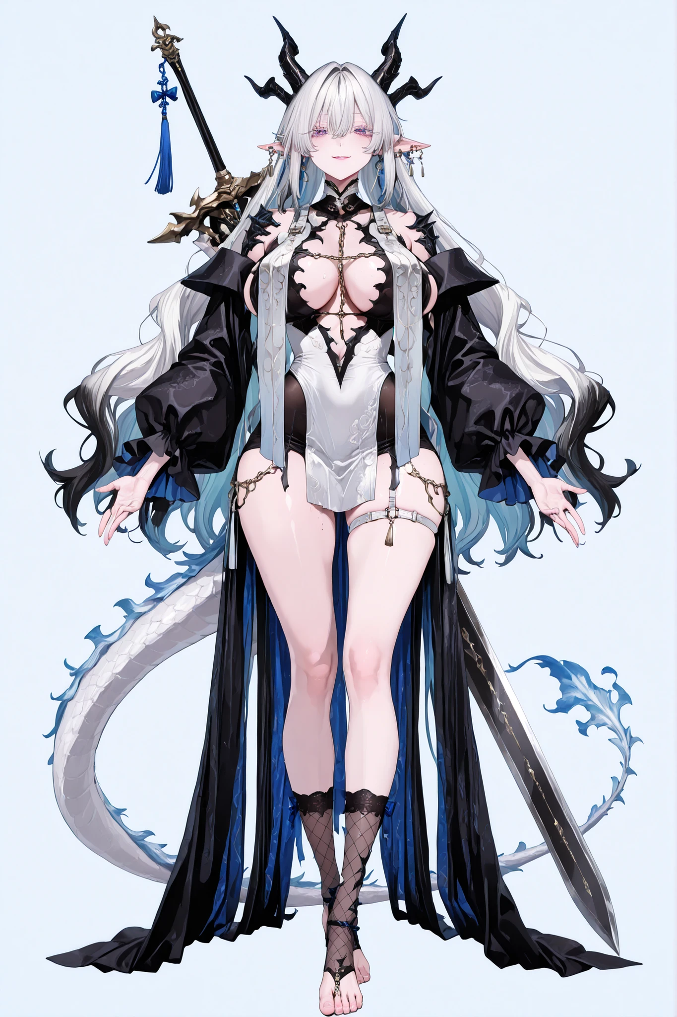   8k wallpaper、    top quality 、masterpiece,   748cm スThailandル   、sexy black bralette dress with fishnet top beneath,   woman 1 person、ribbon、piercings and earrings on her ears,  pointy elf ears, black ripped pelvic curtain dress、 cute black oversized coat with puffy sleaves with open sholders, chains and Accessories on clothes,  dark pantyhose and fishnet、 black knee socks 、rororogi mogera、 style strap 、 Thailand、  pantyhose、、black hair with gray tips and gold  lines、 albino eyelashes   、   long hair falling down her chest、  Underbob  、blue ribbon bow in the head、  Pretty blueish purple Eyes、  wide hips、Protruding thighs   、 pale pinky skin,   very big breasts 、close up,  Light blue background 、open chest area dress,   simple background、lazy smile、 high detail design, standing up、boob window, leaning down towards the camera, making a cute pose with her hands, fullbody, , huge sword on her back, punk style clothes, chest fishnet top, fishnet stocking, big cute , wings behind her ears, demon girl, five big octopus tails behind her, black horns, goat eyes, five octopus tails, big hair. heavenly divine dragon girl, white huge dragon horns with golden ends, big dragon tail, white hair, ver long hair, thick hair, very big breast, green-blue gradient dragon eyes, white dragon sexy revealing outfit with breast curtains, white nylon stockings, white choker, sexy white cheongsam dress with gold details, taliman paper on her , fullbody, head to toe, black dragon scales on her thighs, bare feet, exposed toes