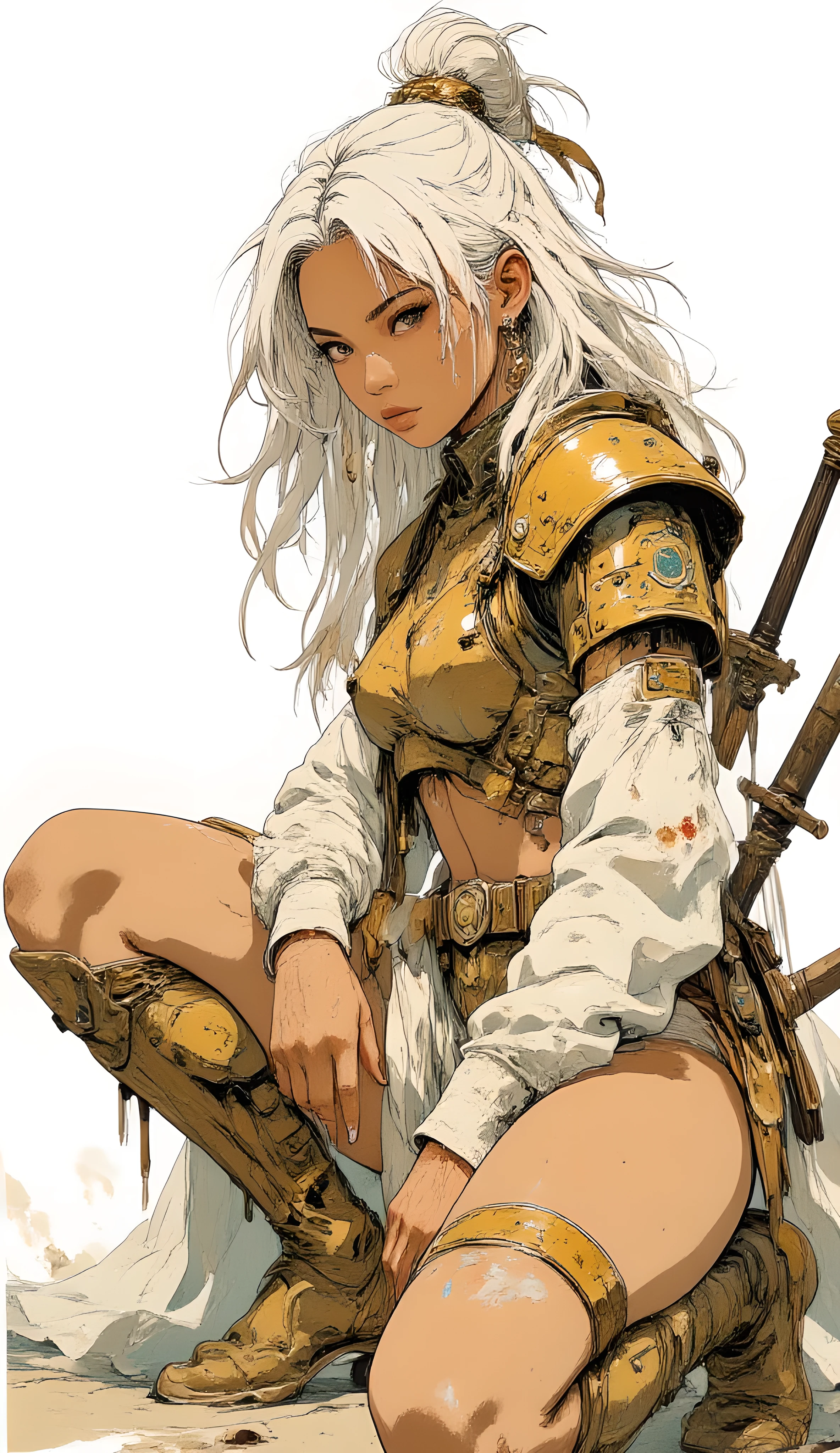 Comic sex art. Score_9, score_8_up, score_7_up, ((highest quality)), ((masterpiece)), ((full face)), Perfect Face, (High definition), (Best Shadow), 8k, cinematic, (Realistic:1.4),dramatic. A stunning fantasy warrior woman, long platinum white hair flowing, partially gathered in a messy bun. She wears an ancient and divine-inspired white and gold armor set and dress. The outfit features a minimal white top, a short ruffled white skirt, and a white cloak draped over her shoulders. Intricate golden breastplate and waist armor with hanging ornaments and jewelry. Knee-high gold boots with elaborate patterns. Intense and seductive expression. She is crouching in a dynamic pose. A long sword rests by her right side and another is visible on her back. Intense, bright, high-key lighting against a white sky or bright background for high contrast. Detailed jewelry and drop earrings. Photorealistic, highly detailed, ultra-realistic, 8K render. masterpiece, best quality.