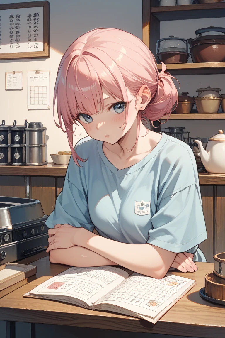 cute girl with short pink hair with bangs, wearing cyan shirt, is sitting in a chair facing a table in a kitchen, eating breakfast, while using her cell phone, 8k