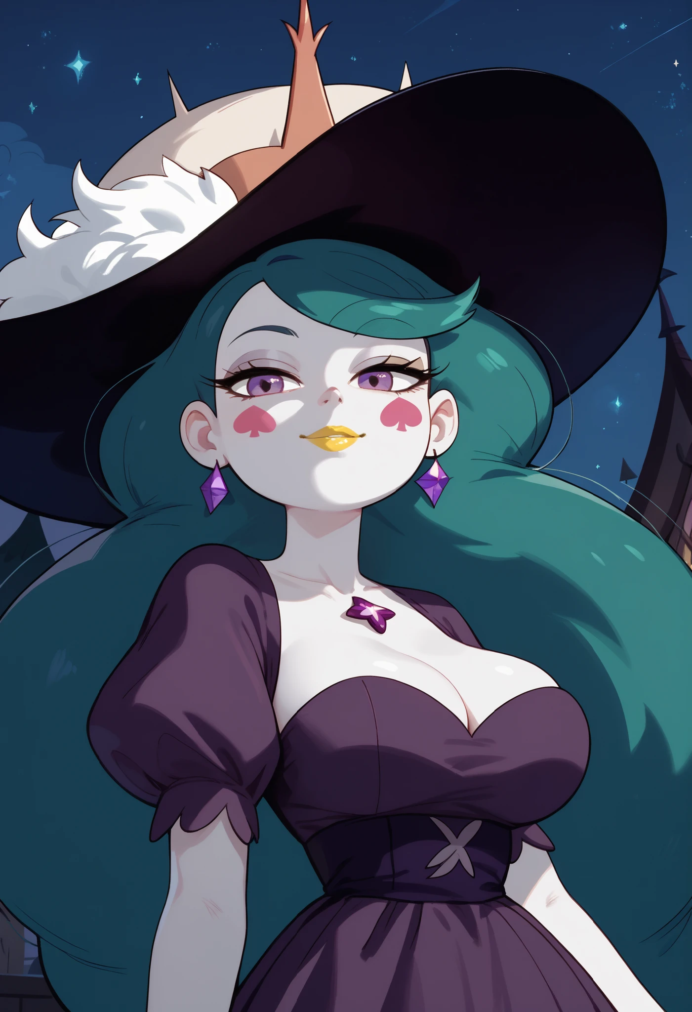 Eclipsa Butterfly, woman, large breasts, anime style, yellow lipstick, white skin, blue-green hair, purple eyes, dark purple dress, hat, night, looking at viewer, focus on character, Star vs The Forces of Evil, solo