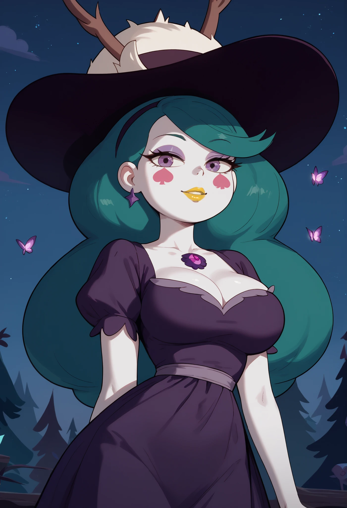 Eclipsa Butterfly, woman, large breasts, anime style, yellow lipstick, white skin, blue-green hair, purple eyes, dark purple dress, hat, night, looking at viewer, focus on character, Star vs The Forces of Evil, solo