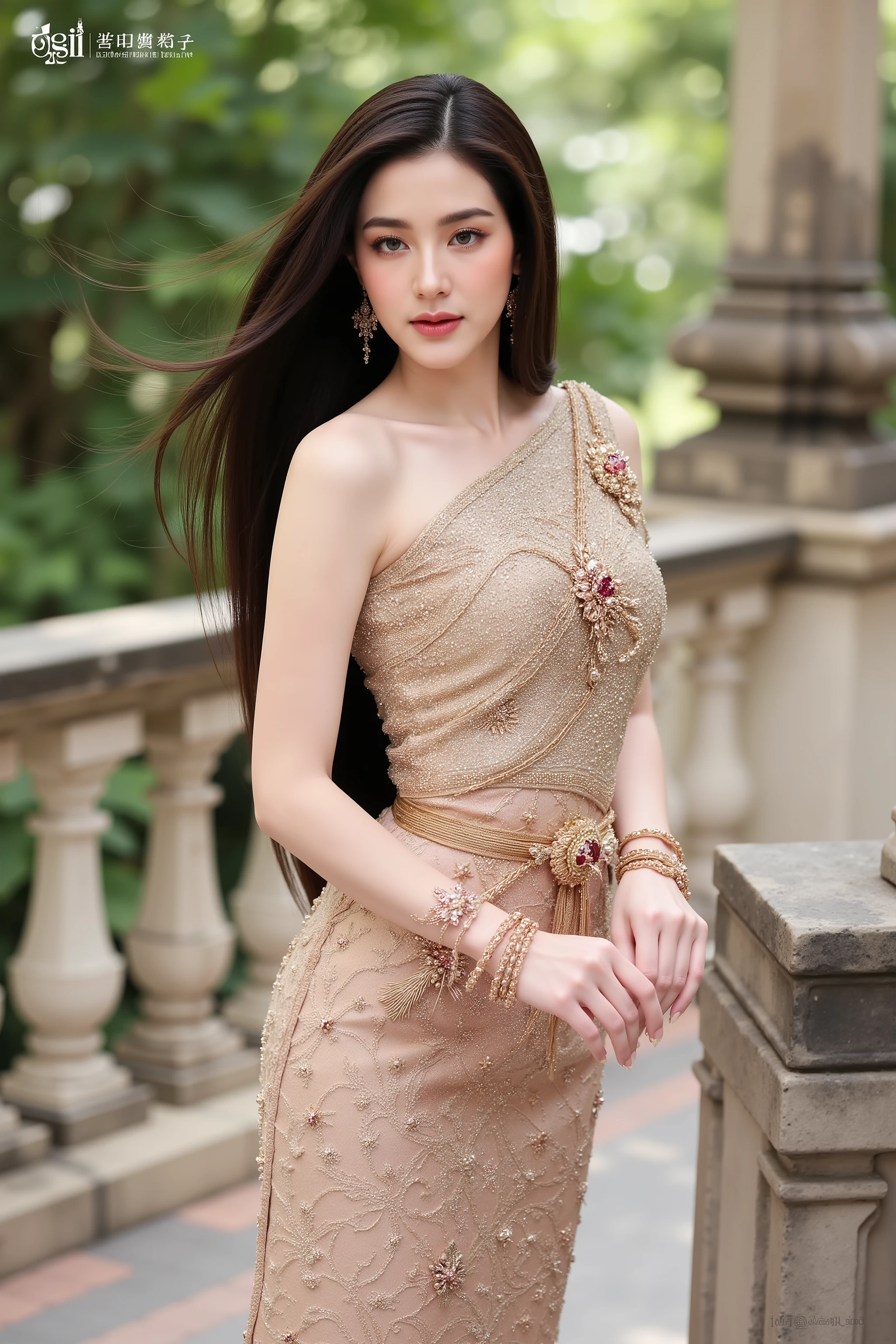  ultra-realism, Thai 20-year-old woman, tiny face shape, alabaster skin, sleek very long black hair; ornate gold-embroidered sabai and gilded sinh with charming lively motifs; fabric dancing in air; half-length waist-up framing, elegant S-curve pose; ancient temple terrace, stone balustrade, frangipani trees; glittering light motes, aura bloom, flower confetti; soft sun flare, subtle film grain, crisp weave detail; ban text, watermark, and close-up angles