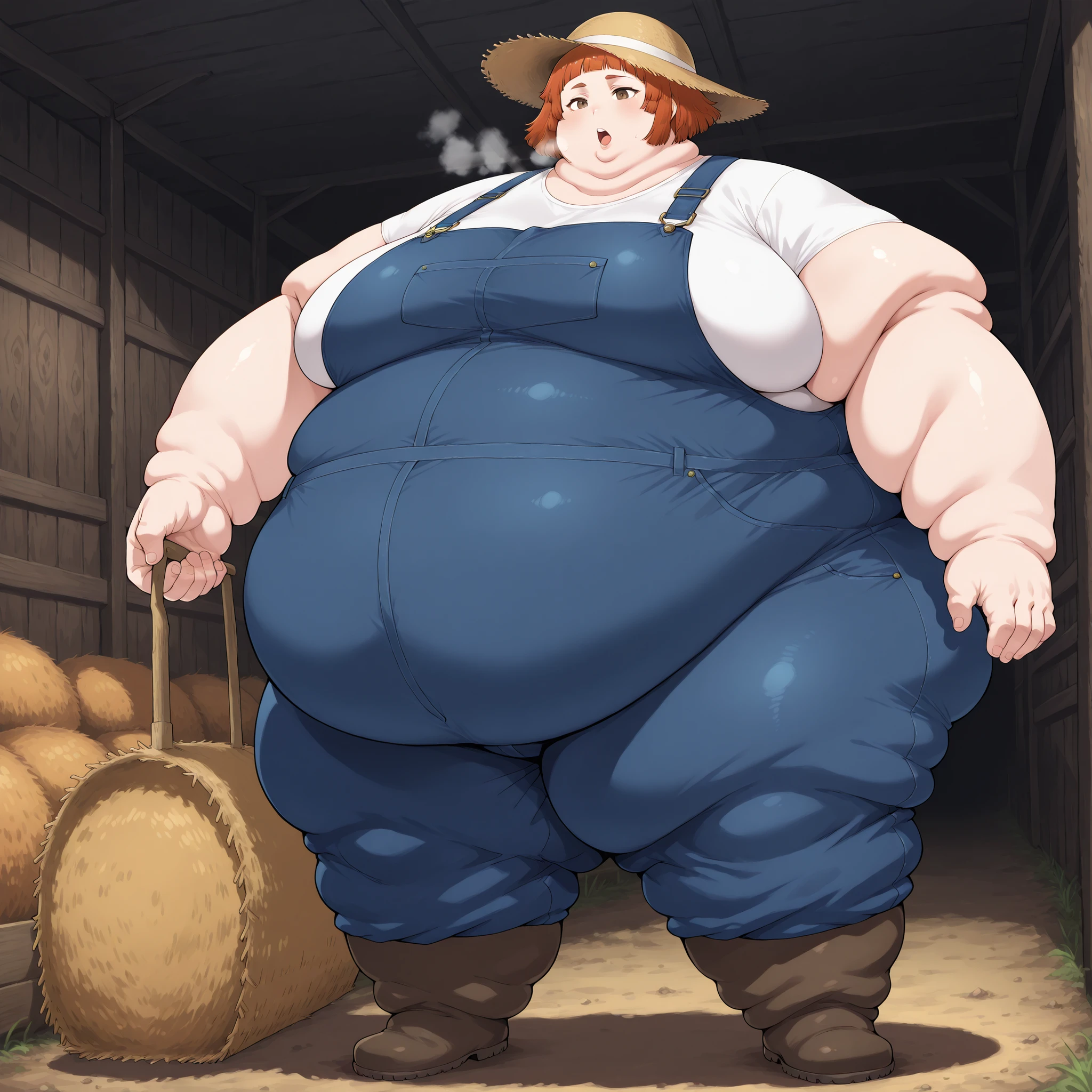 mari ishida \(solo leveling\), burnt orange hair, short hair, bangs, brown eyes, large breasts, 1girl, solo, shirt, overalls, boots, straw hat, farm, farmer, fat, chubby, obese, fat neck, multiple chins, big breasts open mouth, out of breath, Larger female, full body shot, only head, large head, oversized limbs, large hands, large feet, oversized feet, oversized fingers, big lips, plump lips, fat face, fupa, big fupa, fat fupa, 