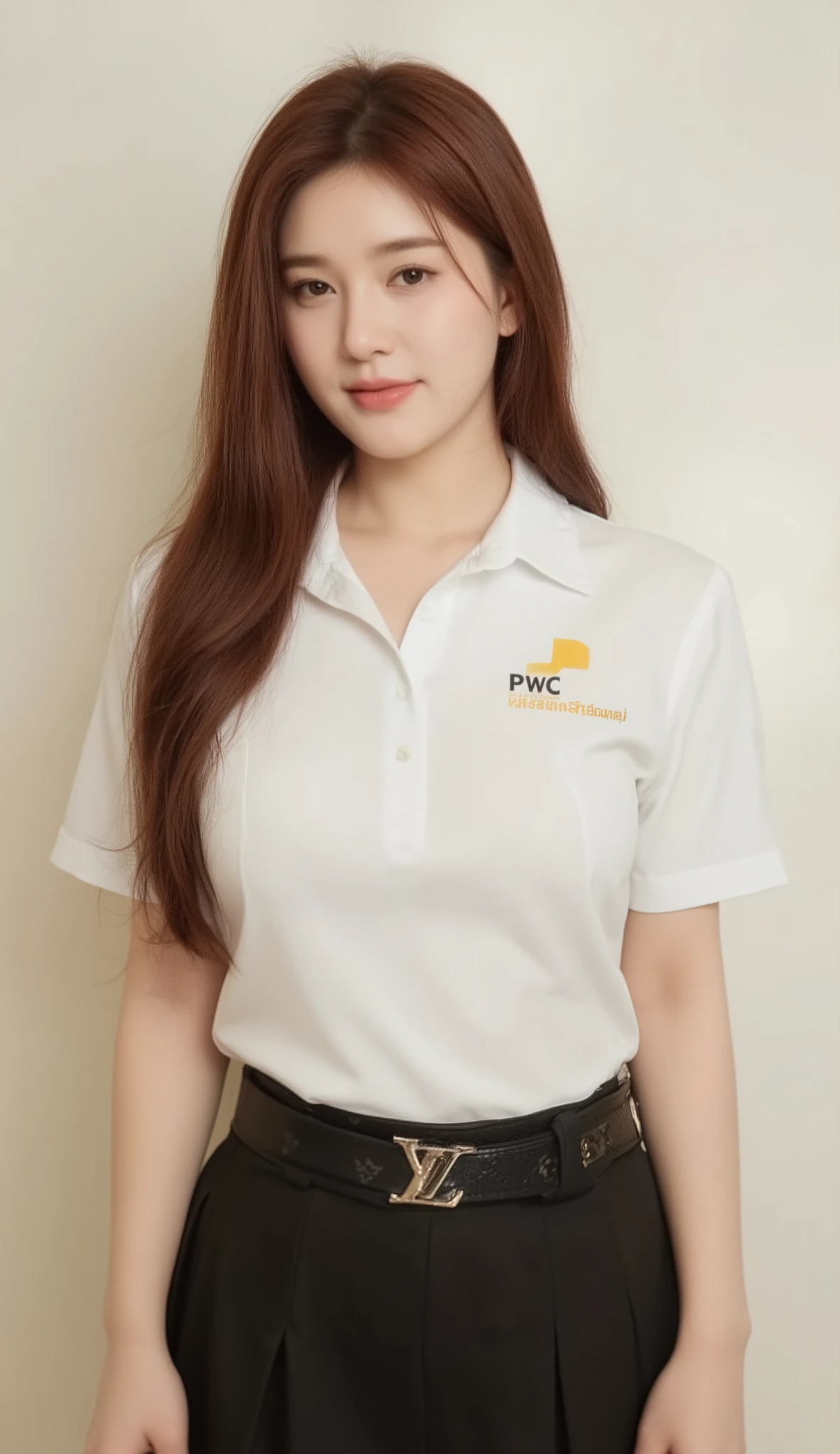 A portrait image shows a young Korean-Thai woman standing in a studio
She has a long fluffy haircut, showing off her narrow forehead. She has a voluptuous figure. She is chubby-sexy. She has a cherry-red hair colour. She wears a Thai Mahalai uniform (a light-white short-sleeved collared shirt with the "PwC" logo on the chest, a black LV belt, and a short black pleated skirt). She seductively smiles at the camera.
The backdrop is a plain off-white wall.