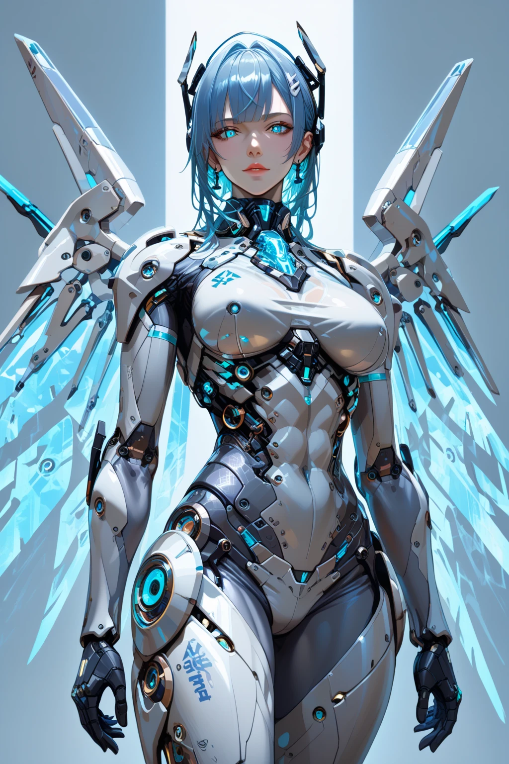 (from front:1.5), (1mechanical girl:1.5),full body, solo, Slim waist, thick thighs,  (machine made joints:1.2),(machanical limbs:1.1),(blood vessels connected to tubes),(mechanical vertebra attaching to back),(mechanical cervial attaching to neck), lights on armor, mecha headglass, (Luminous Arms:1.5), (laser eyes:1.5), expressionless, huge breast, 

colorful,hdr, ray tracing, nvidia rtx, super-resolution, unreal 5, subsurface scattering, pbr texturing, post-processing, anisotropic filtering, depth of field, maximum clarity and sharpness, rule of thirds, 16k raw, (luminescent particles:1.4), extremely detailed cg, unity 8k wallpaper, 3d, cinematic lighting, lens flare, reflections, sharp focus, cyberpunk art,  realistic, highly detailed CG illustration, an extremely delicate and beautiful, cinematic light, (photorealistic:1.5), (Dark background:1.5),dynamic angle, masterpiece, best quality, ultra-detailed, illustration, detailed light, dramatic_shadow,face shadow,extra detailed,best performance,