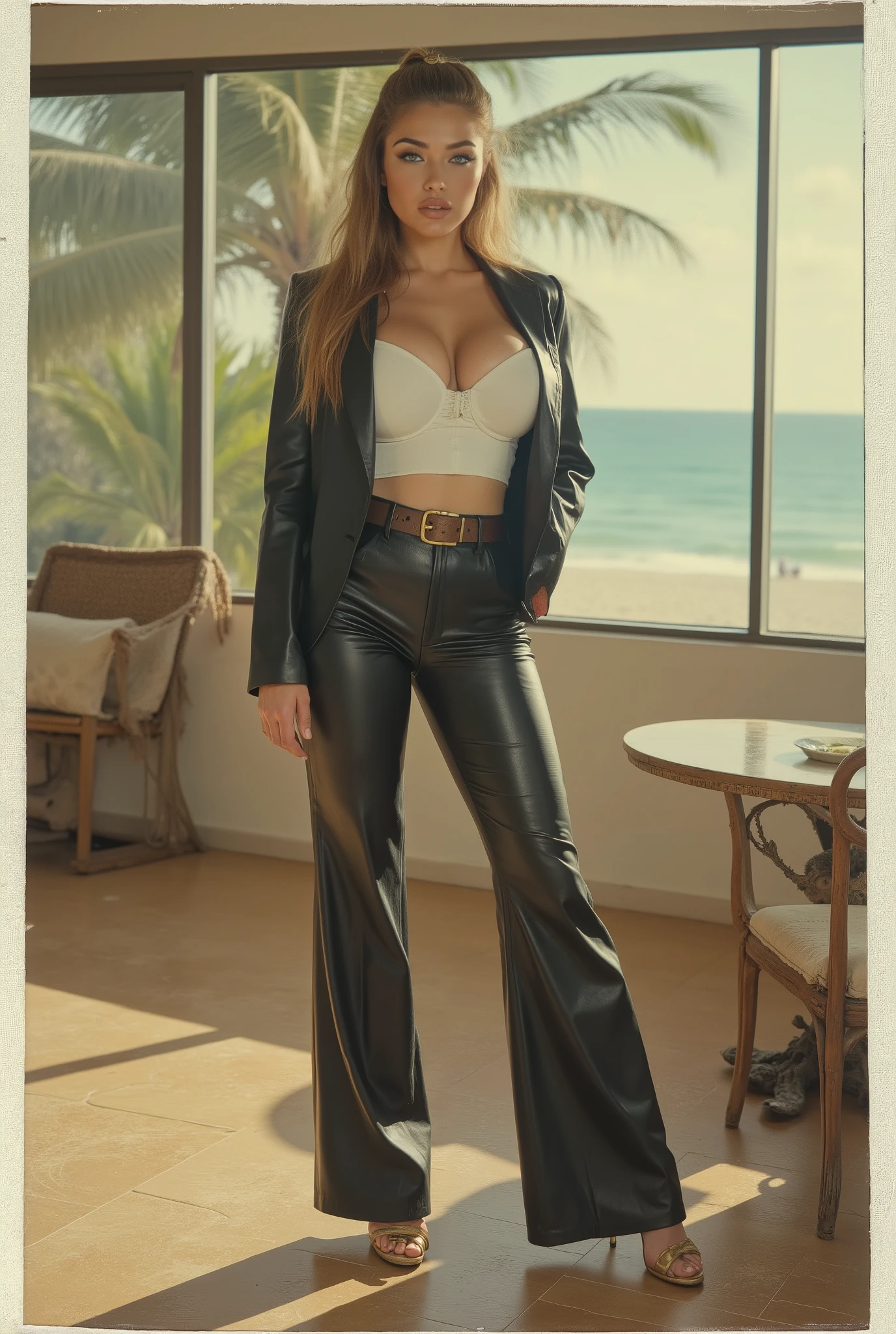  Vintage Polaroid-style full-body  ,  sensual, bombshell girl secret in 1960s pin-up style . Tall , athletic build , long wavy blonde hair with a hair tie aholokan , blue eyes , high arched eyebrows ,  , slim waist , broad shoulders , shapely calves . She wears shiny black leather flared pants and shiny white broad-shouldered silk shirt black leather shiny jacket . Accessories: wide brown leather belt with large gold buckle , gold high-heeled sandals . Sunlit 1960s American room with tropical beach visible through the window . 