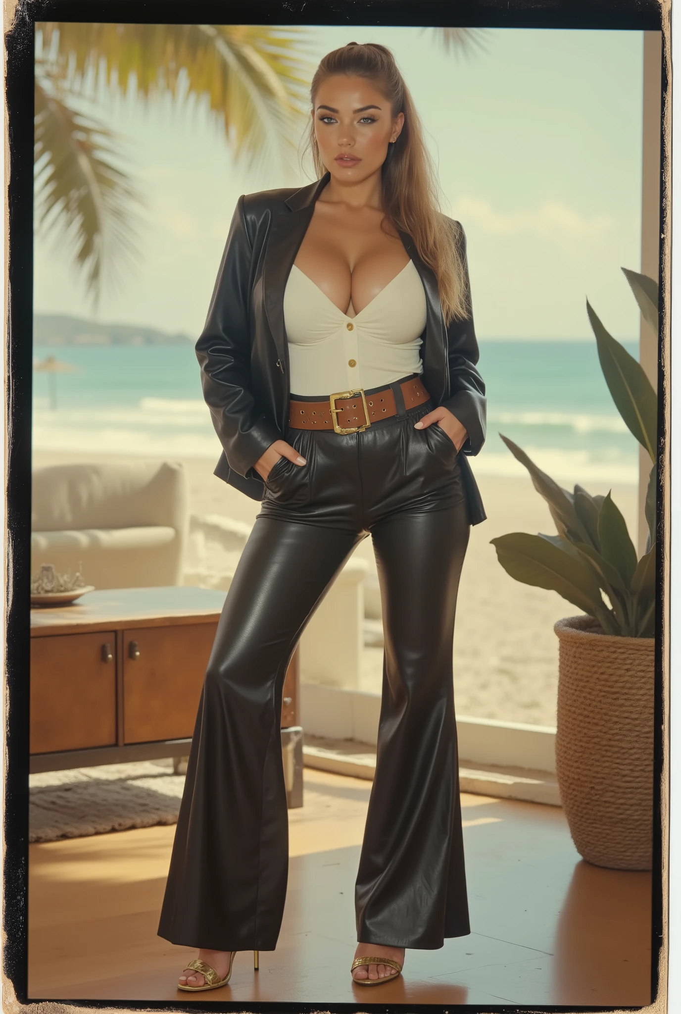  Vintage Polaroid-style full-body  ,  sensual, bombshell girl secret in 1960s pin-up style . Tall , athletic build , long wavy blonde hair with a hair tie aholokan , blue eyes , high arched eyebrows ,  , slim waist , broad shoulders , shapely calves . She wears shiny black leather flared pants and shiny white broad-shouldered silk shirt black leather shiny jacket . Accessories: wide brown leather belt with large gold buckle , gold high-heeled sandals . Sunlit 1960s American room with tropical beach visible through the window . 