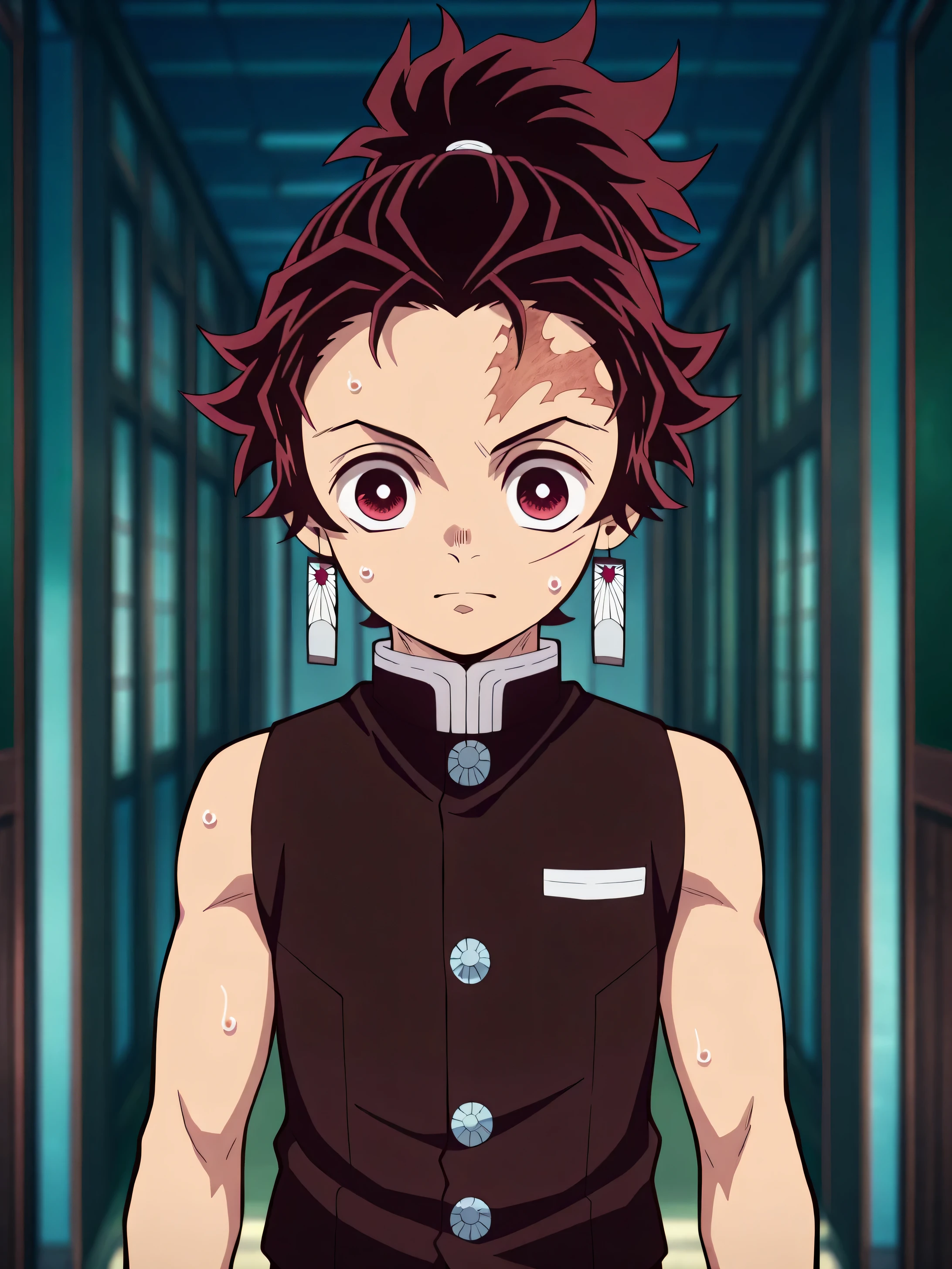 tanjirou_kamado, red hair, red eyes, short hair, scar, facial scar, forehead scar, ponytail,tanjirou_kamado, red hair, red eyes, short hair, scar, facial scar, forehead scar, ponytail, Anime style, High resolution, Masterpiece, Best quality, High quality illustration, Best quality, high quality, high detail, Depth of field, Anime screenshot style, Tanjiro, 1 boy, Little boy, Shota, Single person, Red hair, handsome boy, cute face, adorable boy, school, View on viewer, Cheerful boy, Sleeveless vest, Body, Front view, sweat, solo, Uhd, 4k