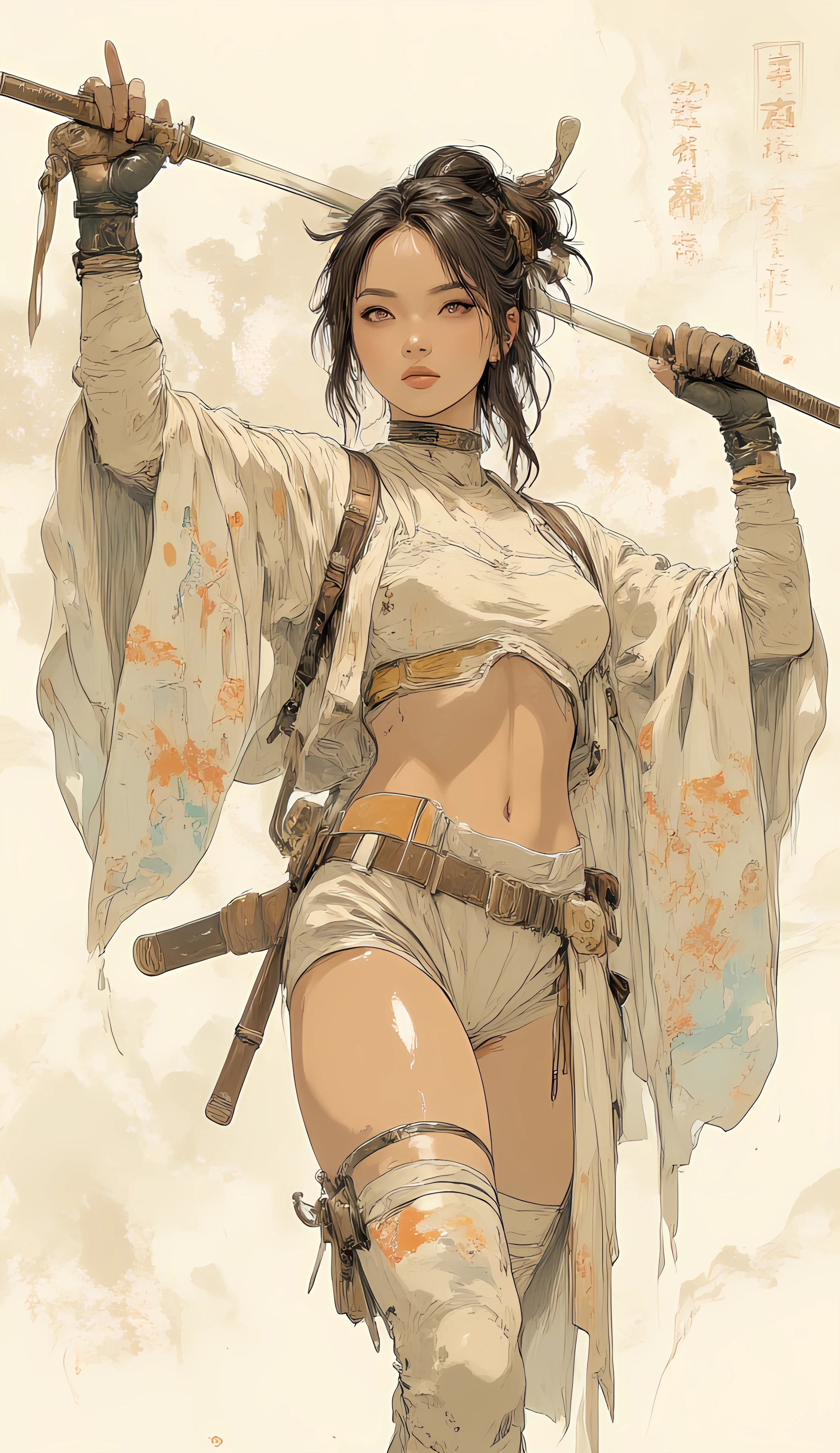Comic sex art. Score_9, score_8_up, score_7_up, ((highest quality)), ((masterpiece)), ((full face)), Perfect Face, (High definition), (Best Shadow), 8k, cinematic, (Realistic:1.4),dramatic. A beautiful, alluring, and breathtaking woman, with a slender yet athletic physique. Her hair is styled in a sophisticated updo, accentuating her graceful neck and shoulders. She holds a gleaming katana with exquisite control, using it as a prop for balance in dynamic yoga poses, conveying both strength and serenity. Her expression is focused and serene, embodying a blend of discipline and allure.
She is dressed in a very wide and short, seductive kimono, made of luxurious seethrough silk fabric that drapes elegantly. The kimono is off-white or light cream in color, with subtle, delicate floral patterns in gold or silver thread that catch the light. The sleeves are voluminous and flowing, and the hem is daringly short, revealing her long, toned legs. The overall impression is one of sensual elegance and traditional inspiration.
A pristine, clean white background, softly illuminated to create a sense of ethereal calm. Subtly integrated into the background are faint, almost translucent Chinese brushstroke characters, appearing as if painted with diluted ink. These characters are artistic and abstract, adding a touch of cultural depth without distracting from the main subject. The lighting is soft and diffused, creating gentle shadows that add depth without harshness.
Photorealistic, high-resolution, editorial fashion photography style, with a fine art aesthetic. The lighting should be dramatic yet soft, highlighting the woman's form and the textures of her clothing and the katana. Emphasize sharp focus on the subject with a slight, pleasing bokeh in the background. Inspired by the elegance of traditional Asian art blended with modern sensuality.
Extremely high detail, ultra-realistic, cinematic quality, professional studio shot, intricate details, sharp focus, light pastel colors