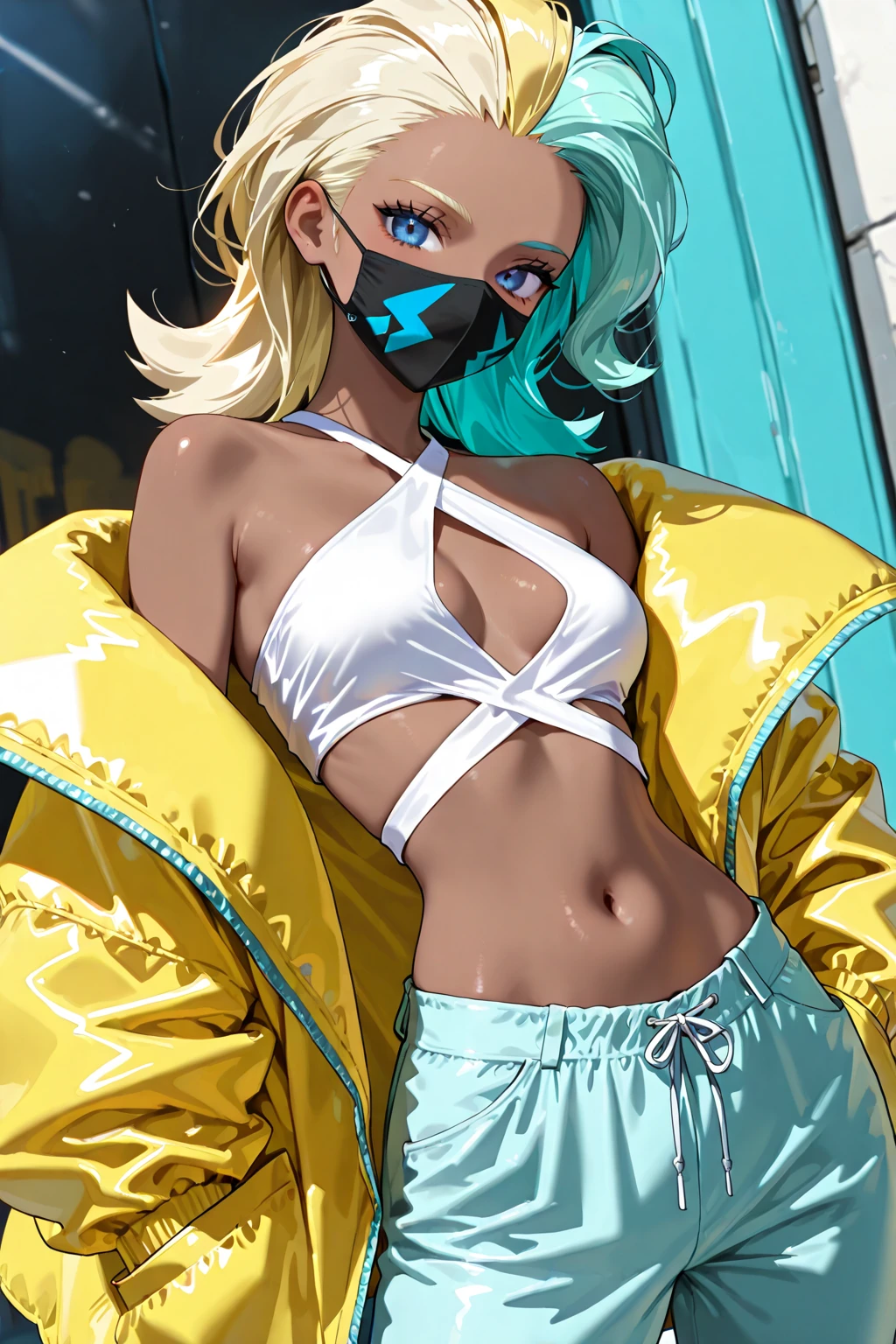 <lora:SeasideSukeban_v15:1> seasidesukeban, seasidesukebanbikini, tanlines, sunglasses, mouth mask, halo, , RAW photo, DSLR, photo-realistic, photorealistic