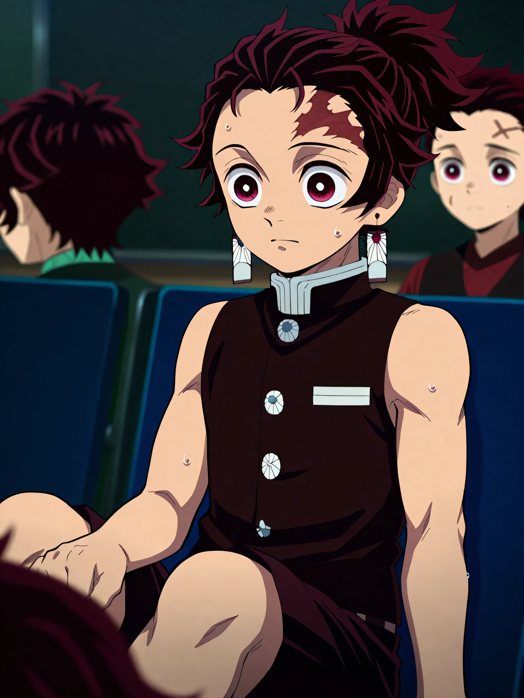 tanjirou_kamado, red hair, red eyes, short hair, scar, facial scar, forehead scar, ponytail,tanjirou_kamado, red hair, red eyes, short hair, scar, facial scar, forehead scar, ponytail, Anime style, High resolution, Masterpiece, Best quality, High quality illustration, Best quality, high quality, high detail, Depth of field, Anime screenshot style, Tanjiro, 1 boy, Little boy, Shota, Single person, Red hair, handsome boy, cute face, adorable boy, sitting in class, View on audience, Cheerful boy, Sleeveless vest, Body, Front view, sweat, solo, Uhd, 4k