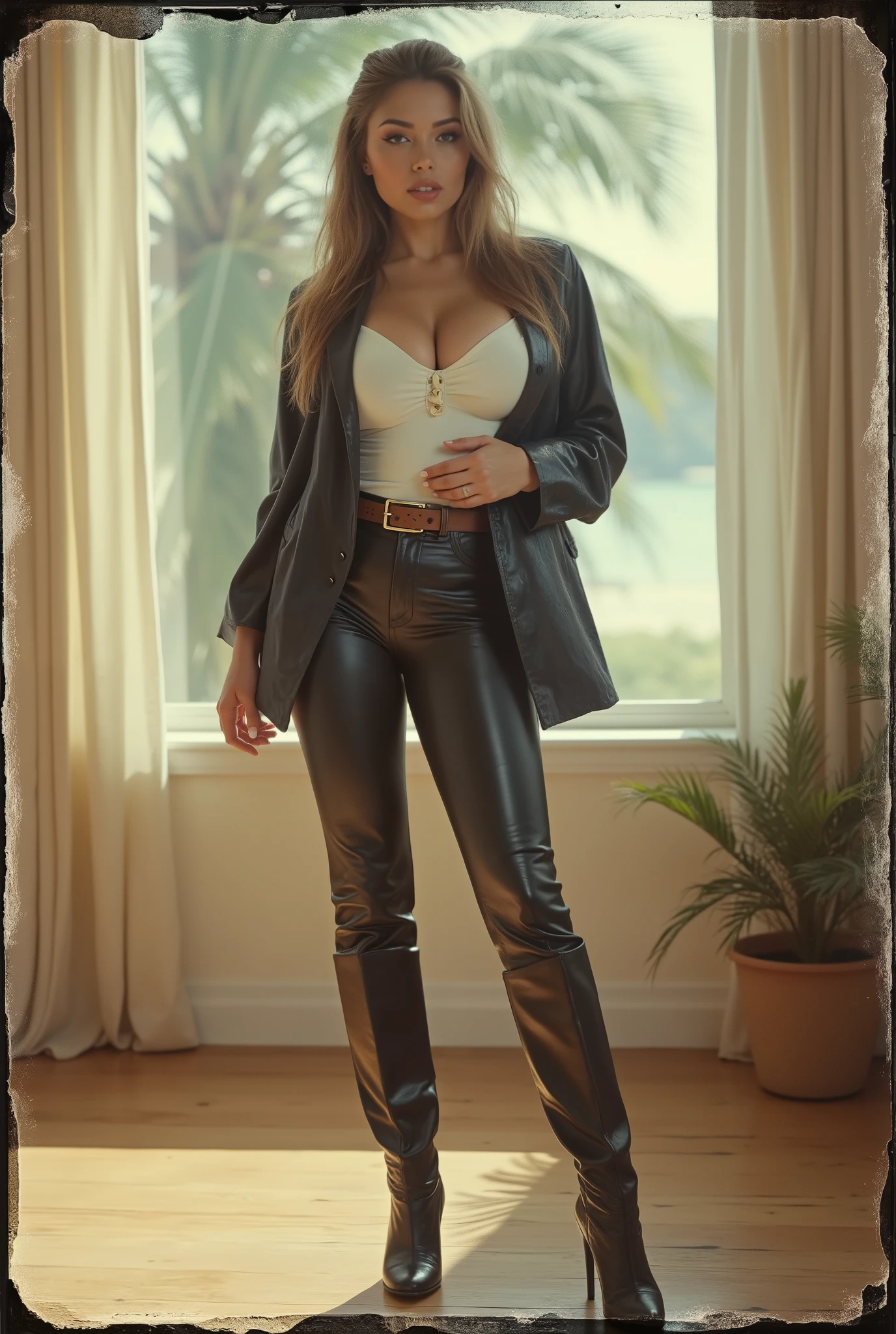 Vintage Polaroid-style full-body , sensual, bombshell girl secret in 1960s pin-up style . Tall , athletic build , long wavy blonde hair with a hair tie aholokan , blue eyes , high arched eyebrows , , slim waist , broad shoulders , shapely calves . She wears shiny black leather pants and shiny white broad-shouldered silk shirt black leather shiny jacket . Accessories: wide brown leather belt with large gold buckle , black leather high-heeled boots . Sunlit 1960s American room with tropical beach visible through the window .