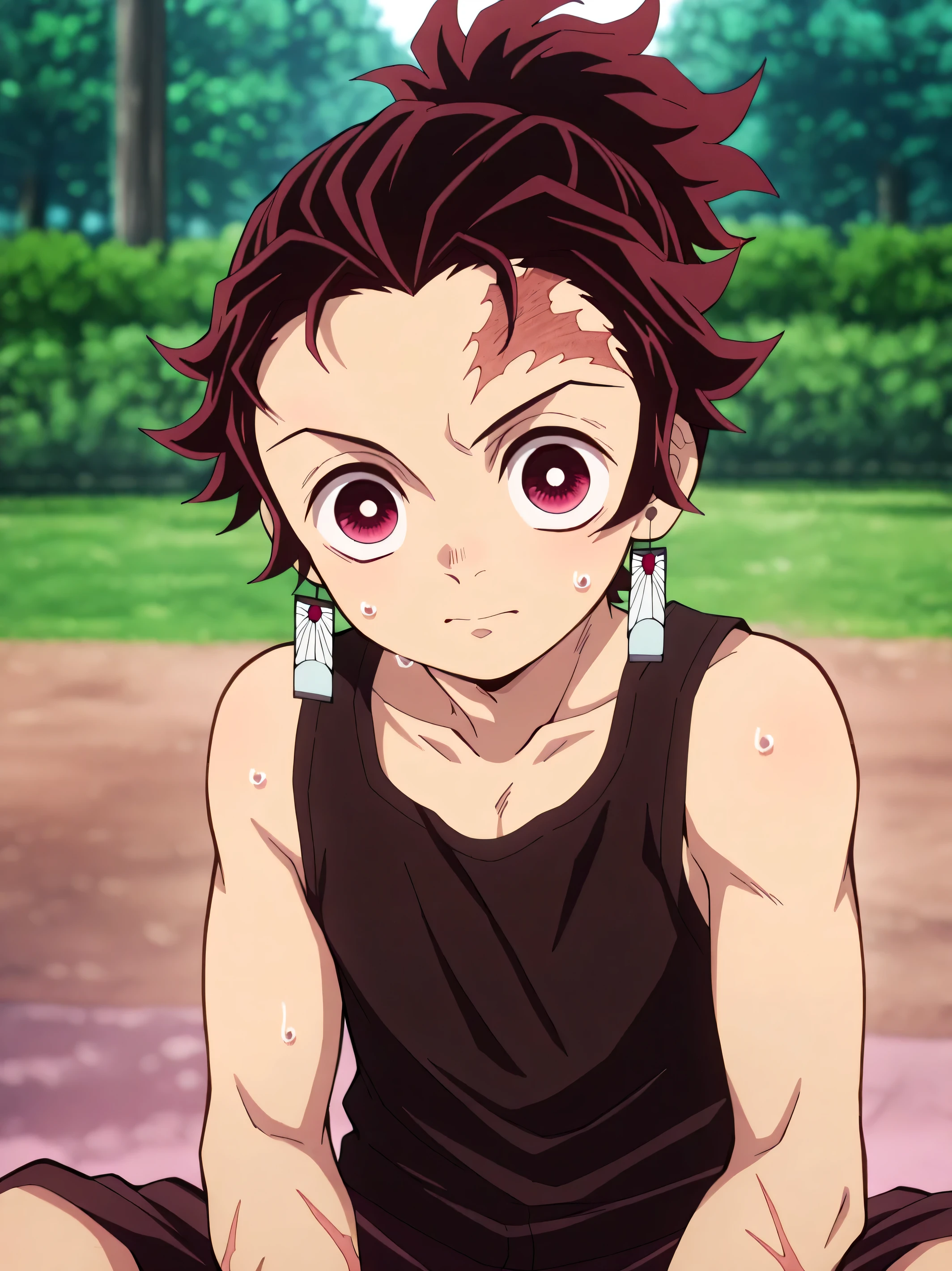 tanjirou_kamado, red hair, red eyes, short hair, scar, facial scar, forehead scar, ponytail,tanjirou_kamado, red hair, red eyes, short hair, scar, facial scar, forehead scar, ponytail, Anime style, High resolution, Masterpiece, Best quality, High quality illustration, Best quality, high quality, high detail, Depth of field, Anime screenshot style, Tanjiro, 1 boy, Little boy, Shota, Single person, Red hair, handsome boy, cute face, adorable boy, sitting in park, View on viewer, Cheerful boy, Tank top, Body, Front view, sweat, solo, Uhd, 4k