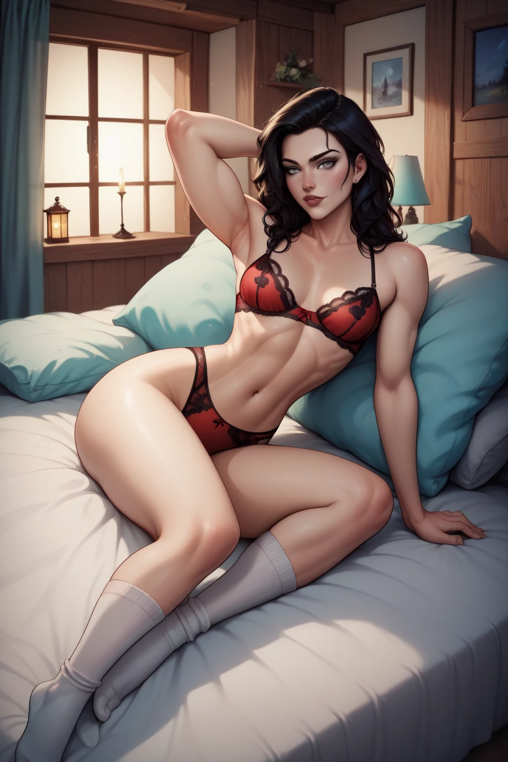 score_9_up, score_8_up, score_7_up, 1girl, solo, mature female, ((Yennefer)), black wavy hair, purple eyes, red lips, parted lips, fit slim body, ((perfect medium erected breast)), (((purple lace lingerie, black choker))), (((dark bedroom, candles on walls,))), perfect model body, seductive smile, standing on all fours in bed and showing her nude pussy, from behind