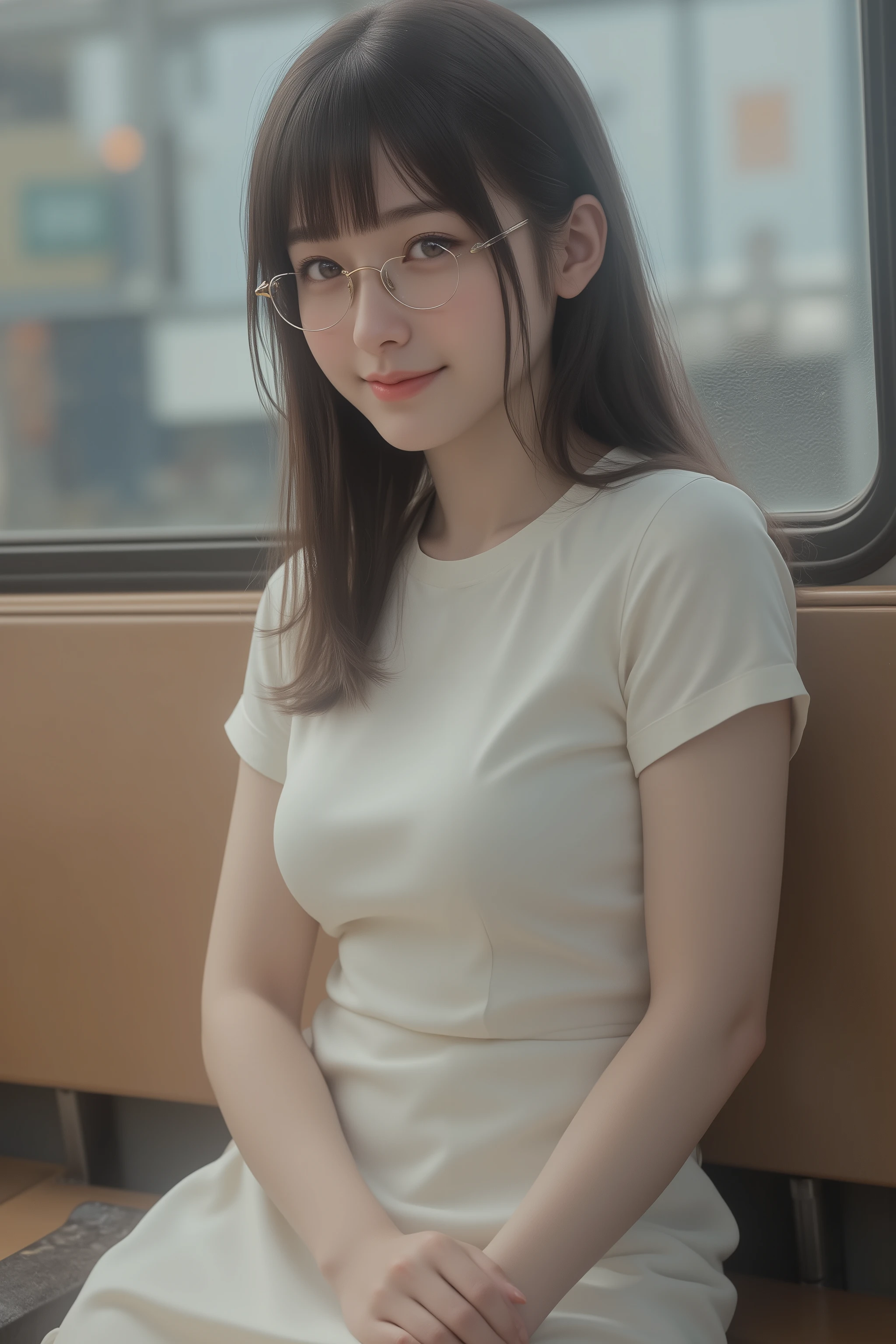 happy face of woman in white dress, black hair, Hair tie, Bang, wearing glasses, Sitting on the subway