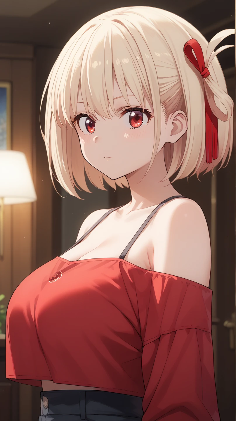 chisato nishikigi, short hair, bangs, blonde hair, red eyes, hair ribbon, one side up, bob cut, large , white , black pantyhose, embarrassed smile, present, christmas, town, winter, outdoor, solo, masterpiece, best quality, high resolution, hyper resolution, (ultra-detailed, extremely-high detailed:1.2), detailed background, anime,