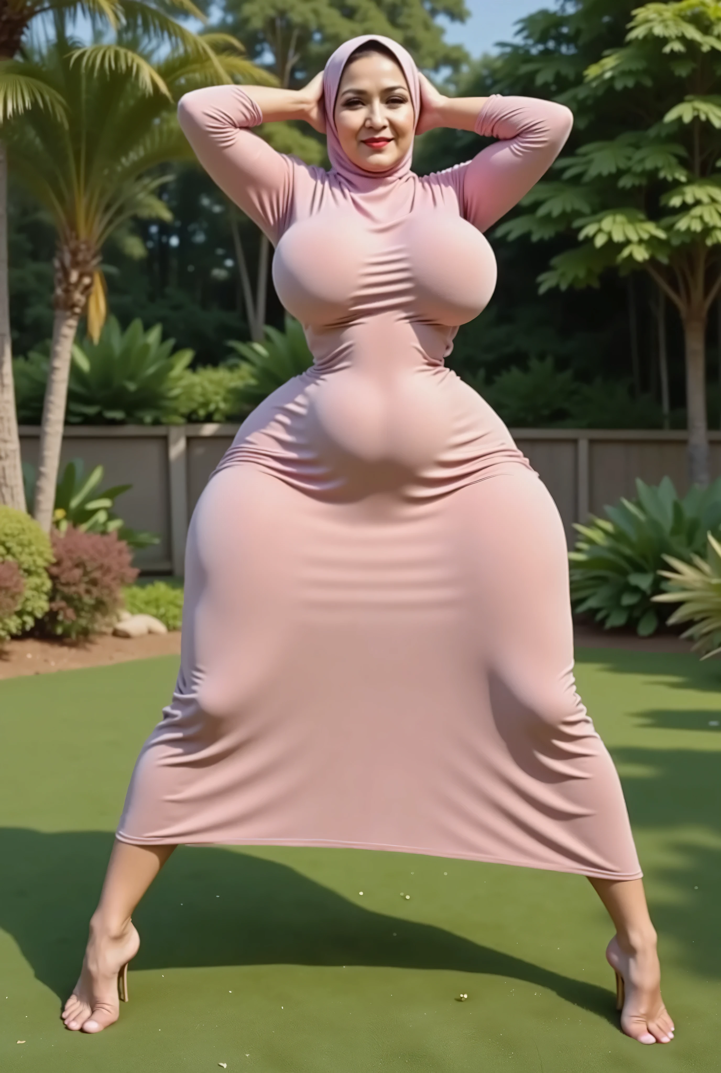 An attractive Asian grandmother 65 years old with white skins, small head, small torso, short arms, small hands, incredible huge breasts, narrow waist, flat curve Belly, wide hips, giant ass,  long legs, giant thighs, big calfs, small feet, symmetricaly body shape. She in wears long and loose silk pink hijab gown and wear gold High heels. She was standing convidently with his legs spread wide, she in the beautiful garden. captured on a full body overview, with hyperrealistic skins details and good focus quality.masterpiece, ccurate, anatomically correct, textured skin, super detail, high details, high quality, best quality, highres, 1080P, HD, 4K, 8k